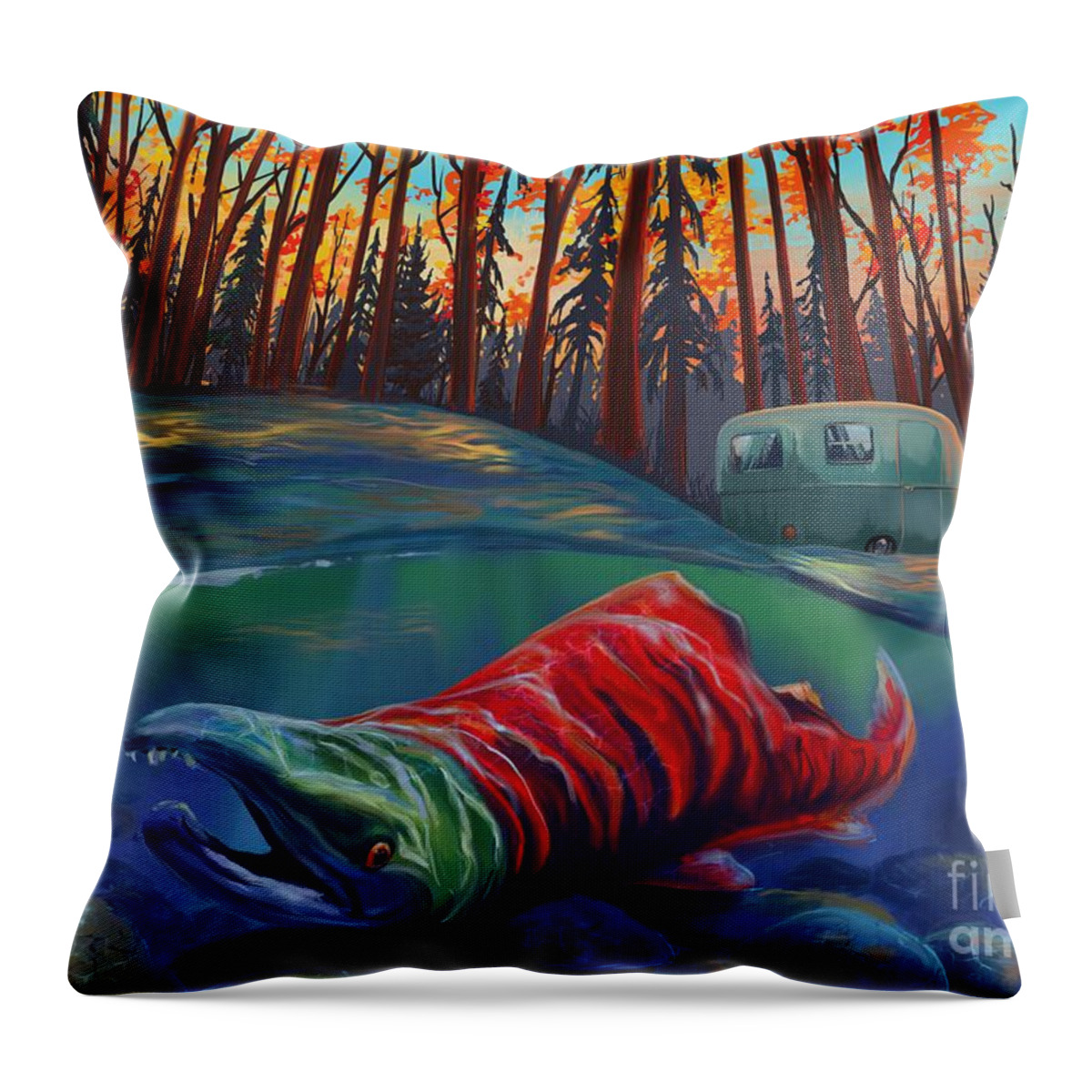 Fishing Painting Throw Pillow featuring the painting Fall Salmon fishing by Sassan Filsoof