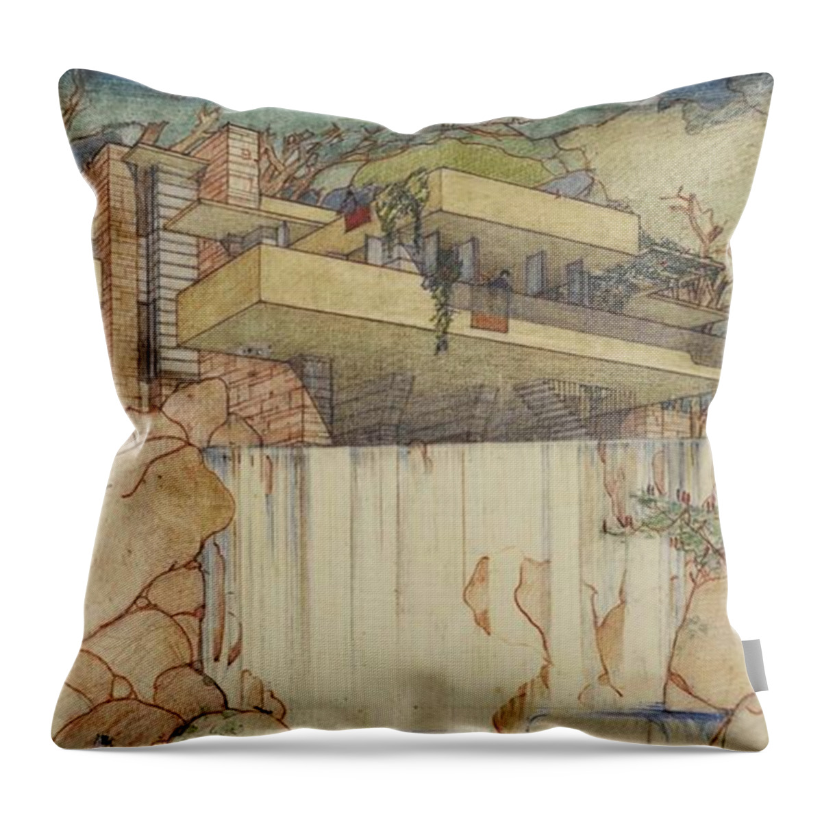 Pen And Ink Drawing Throw Pillow featuring the photograph Fallingwater Pen and Ink by David Bearden