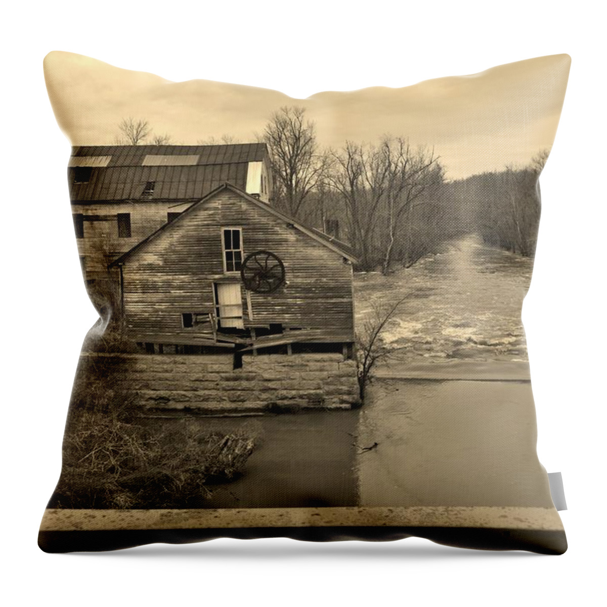Gristmill Throw Pillow featuring the photograph Falls of Rough Abandoned Gristmill by Stacie Siemsen