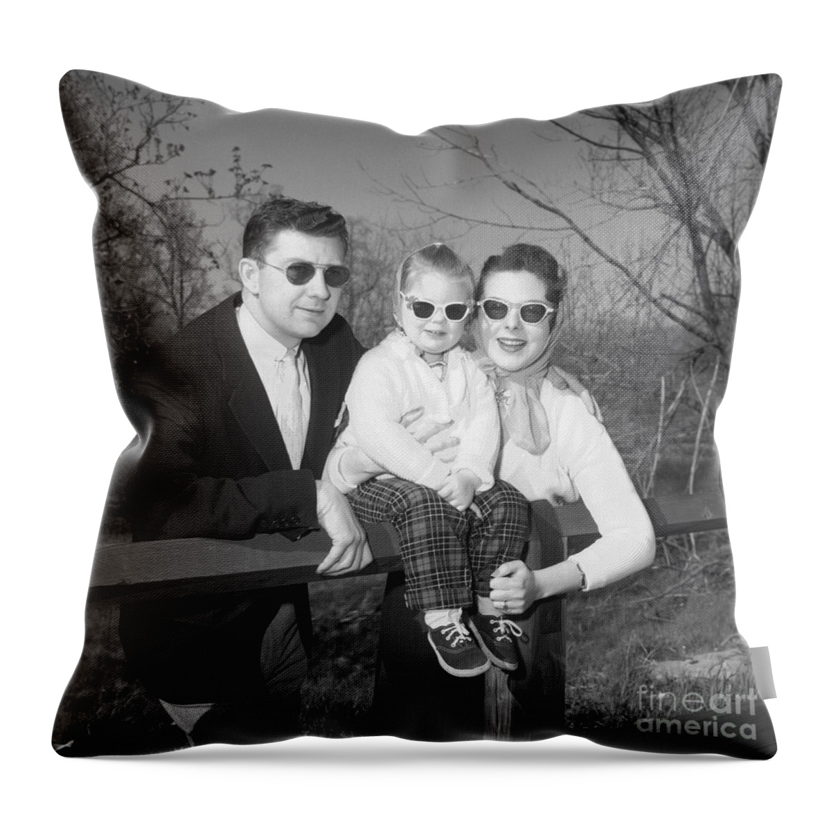 1950s Throw Pillow featuring the photograph Family Portrait With Sunglasses, C.1950s by J. Rogers/ClassicStock
