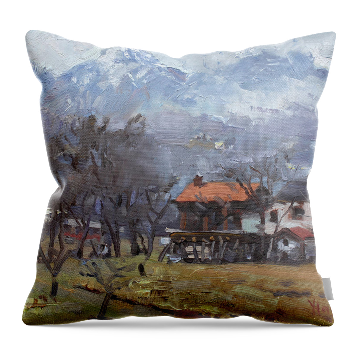 Farm Throw Pillow featuring the painting Farm at Dolomites, Belluno, Italy by Ylli Haruni