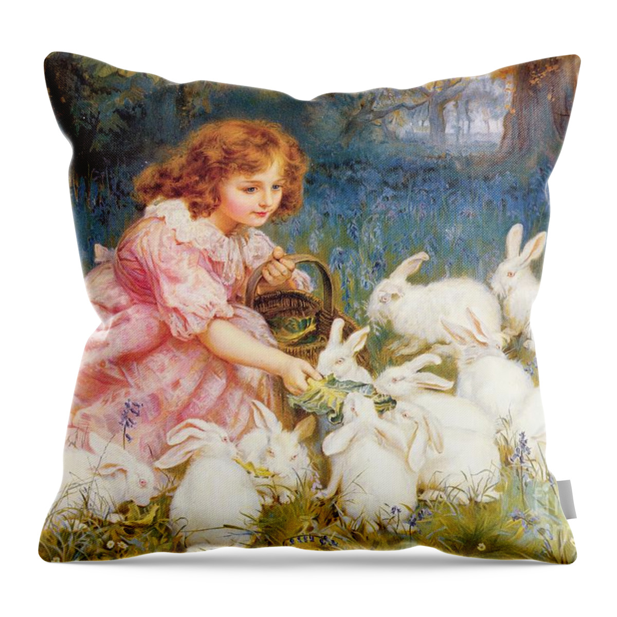 Feeding Throw Pillow featuring the painting Feeding the Rabbits by Frederick Morgan