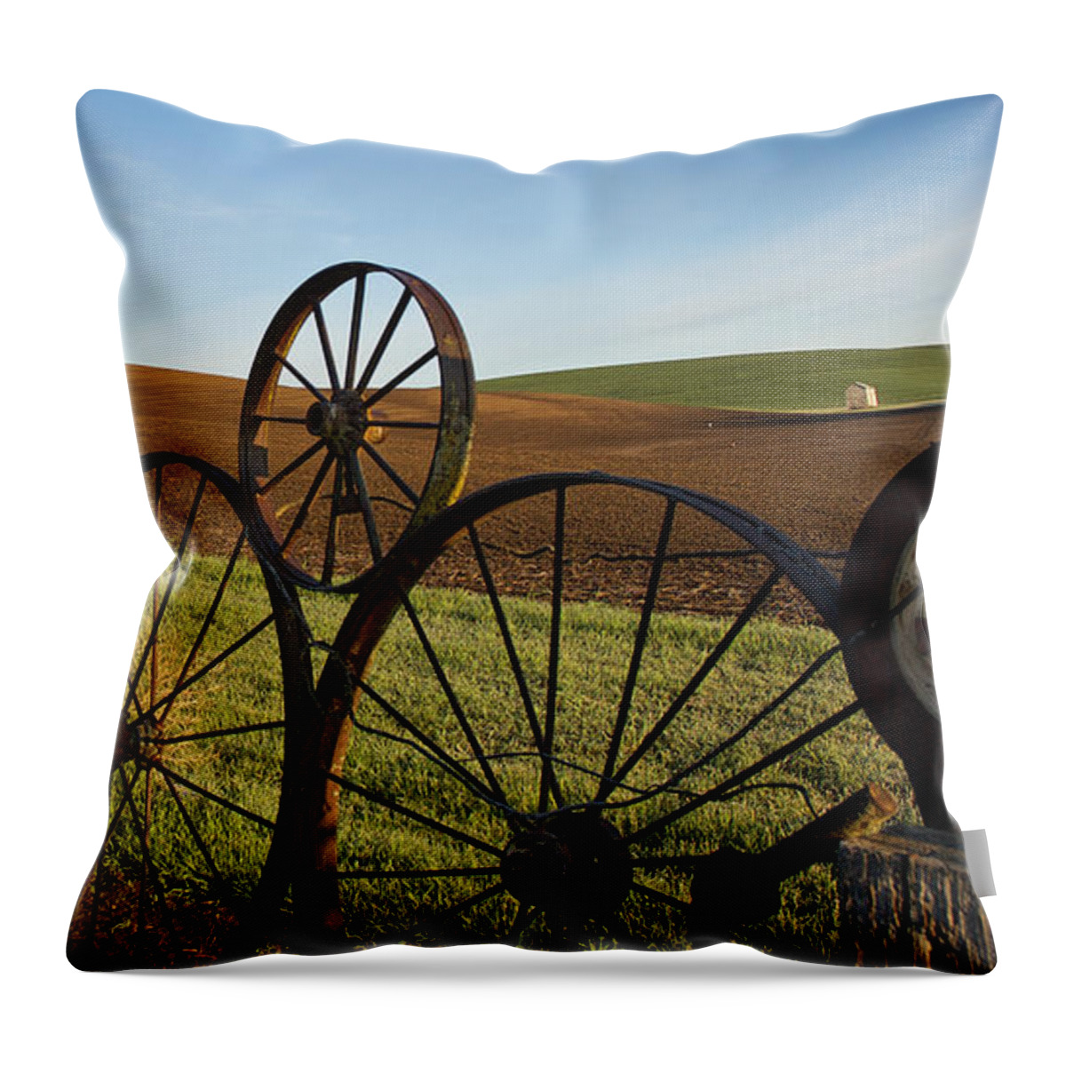Palouse Throw Pillow featuring the photograph Fence of Wheels by Mary Lee Dereske