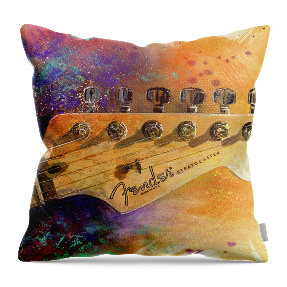 Fender Stratocaster Throw Pillow featuring the painting Fender Head by Andrew King