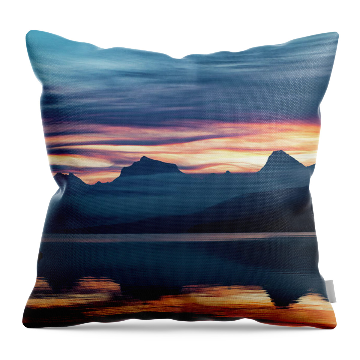 Glacier National Park Throw Pillow featuring the photograph Fiery Sunrise at McDonald Lake, GNP by Lon Dittrick