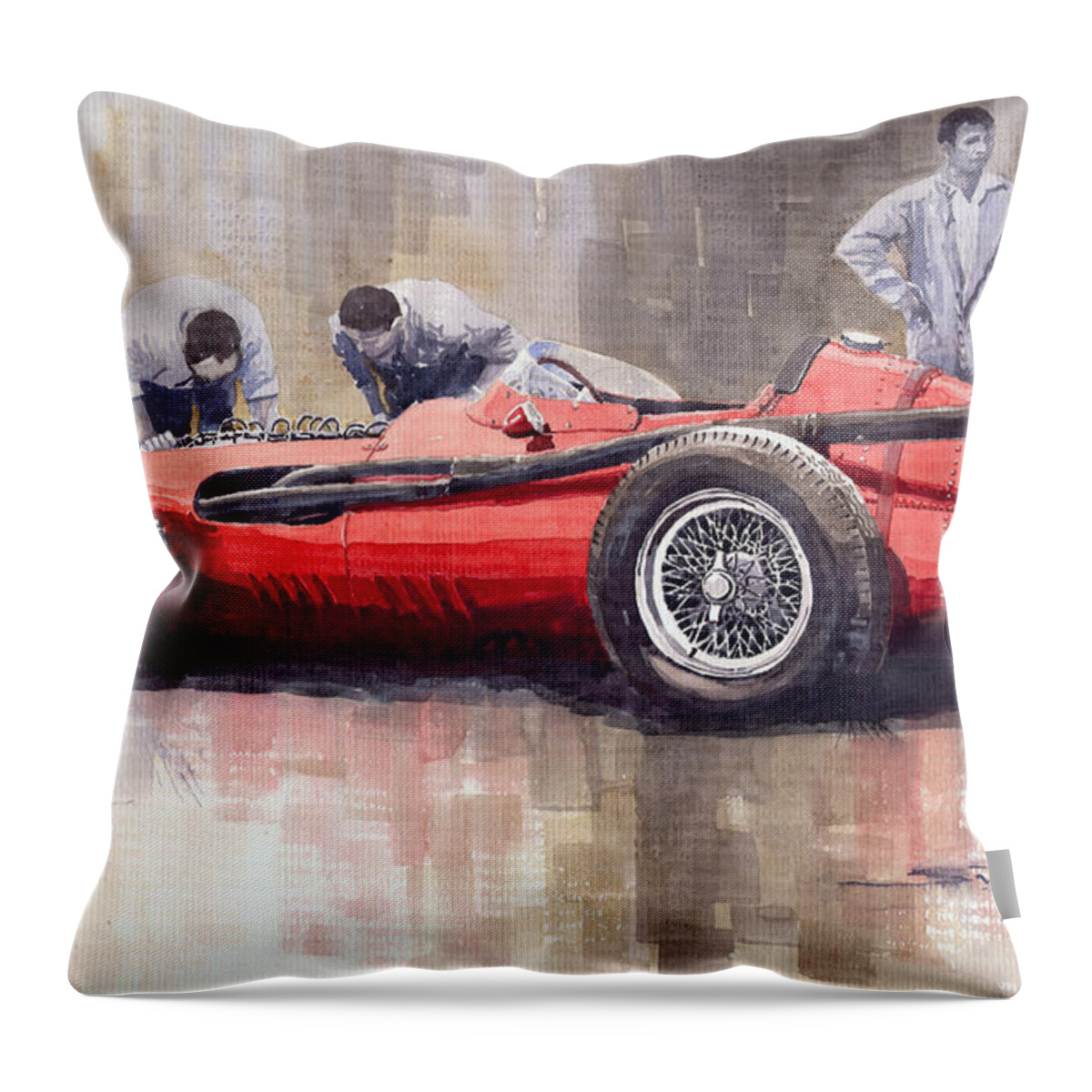 Watercolour Throw Pillow featuring the painting Final check before the start Maserati 250 F 1957 by Yuriy Shevchuk