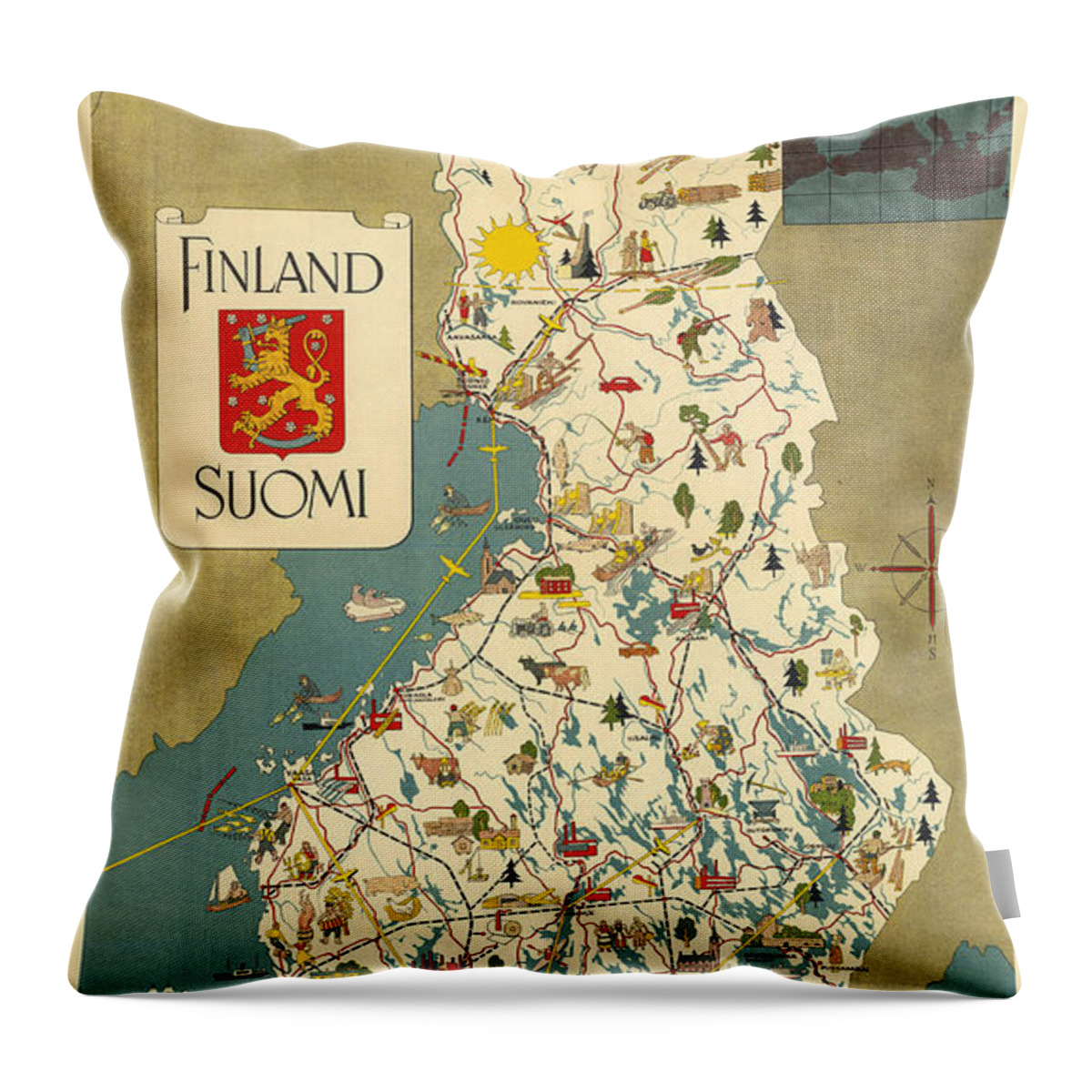 Finland Throw Pillow featuring the mixed media Finland - Suomi - Vintage Illustrated Map of Finland - Historical Map - Cartography by Studio Grafiikka