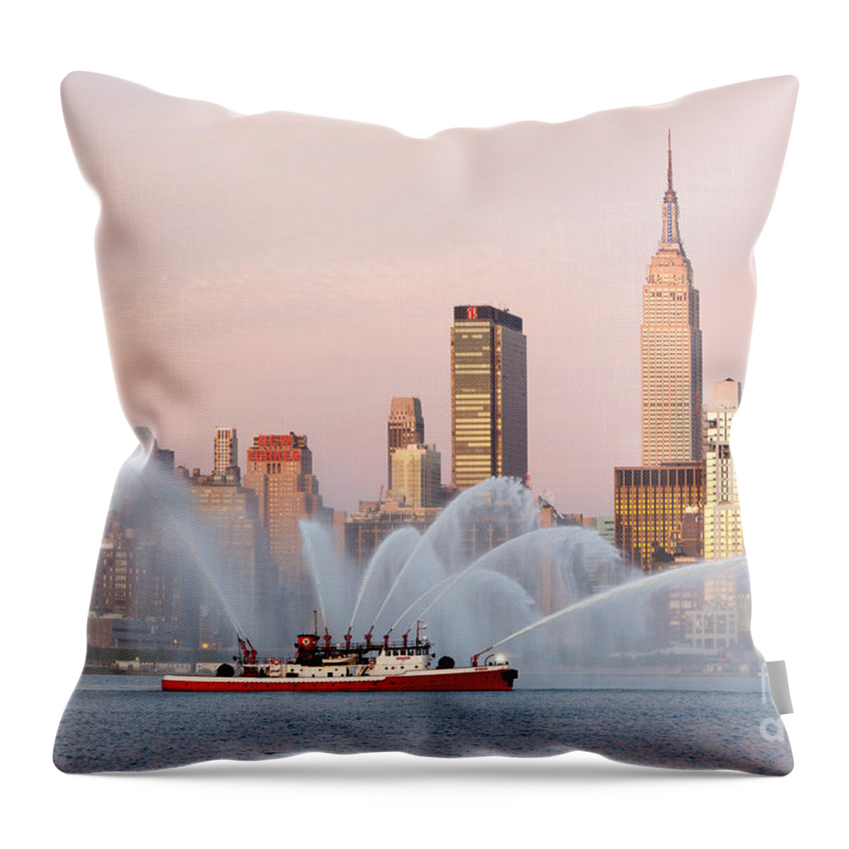 Clarence Holmes Throw Pillow featuring the photograph Fire Boat and Manhattan Skyline I by Clarence Holmes
