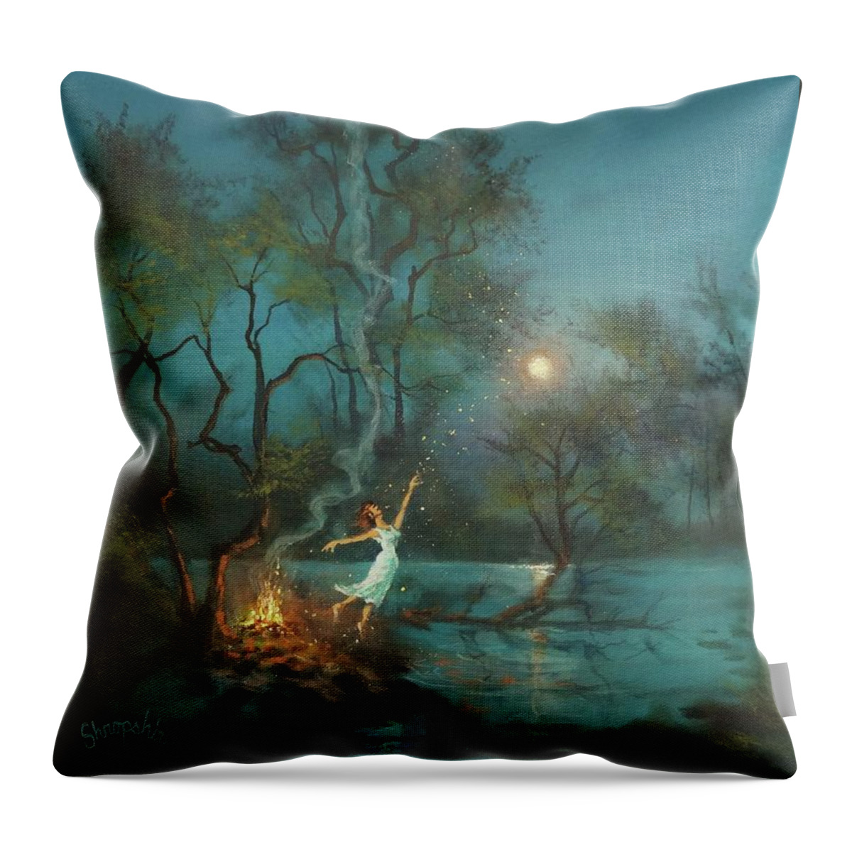 Midsummer’s Eve Throw Pillow featuring the painting Fireflies and Moonlight by Tom Shropshire