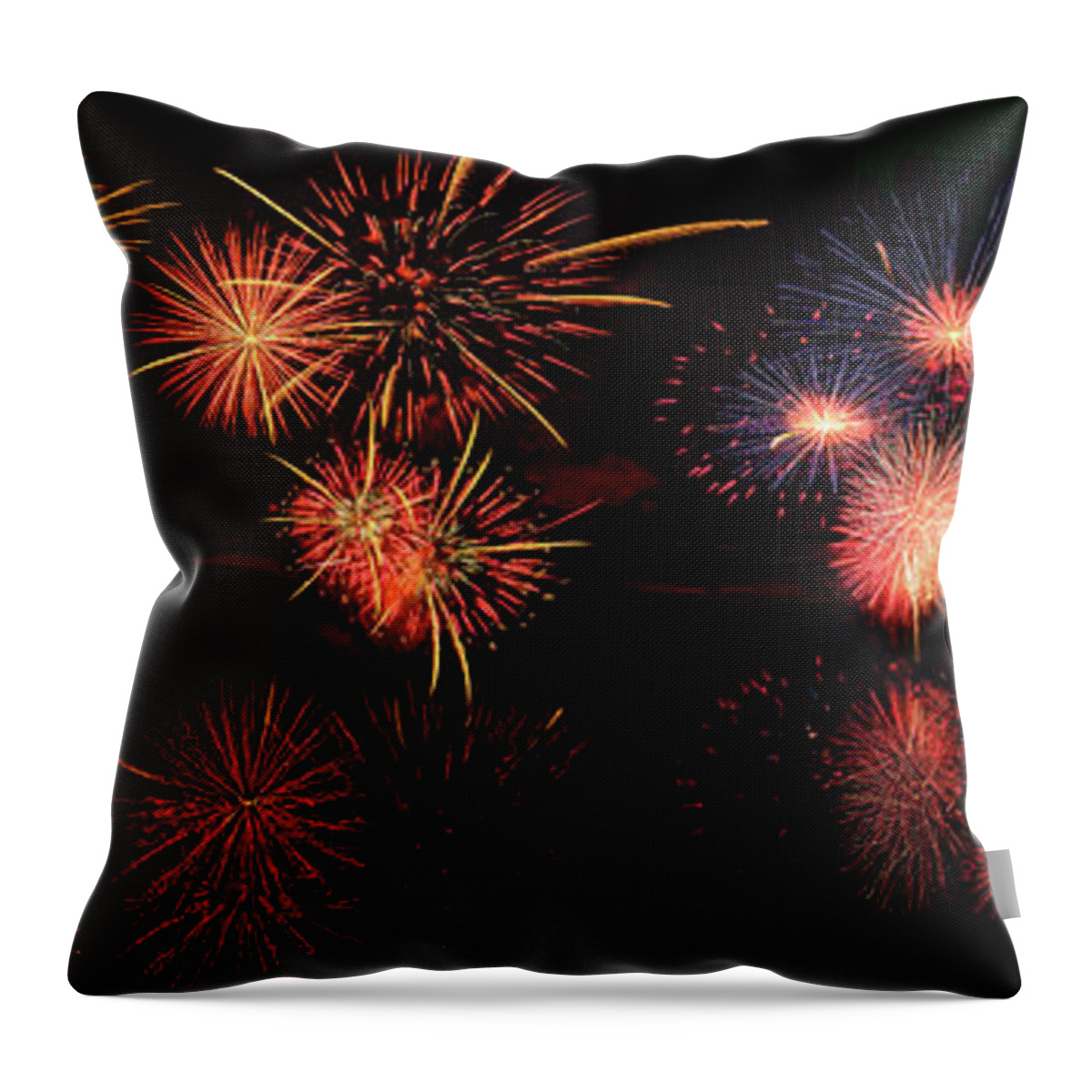 Fireworks Throw Pillow featuring the digital art Fireworks Reflection In Water Panorama by O Lena