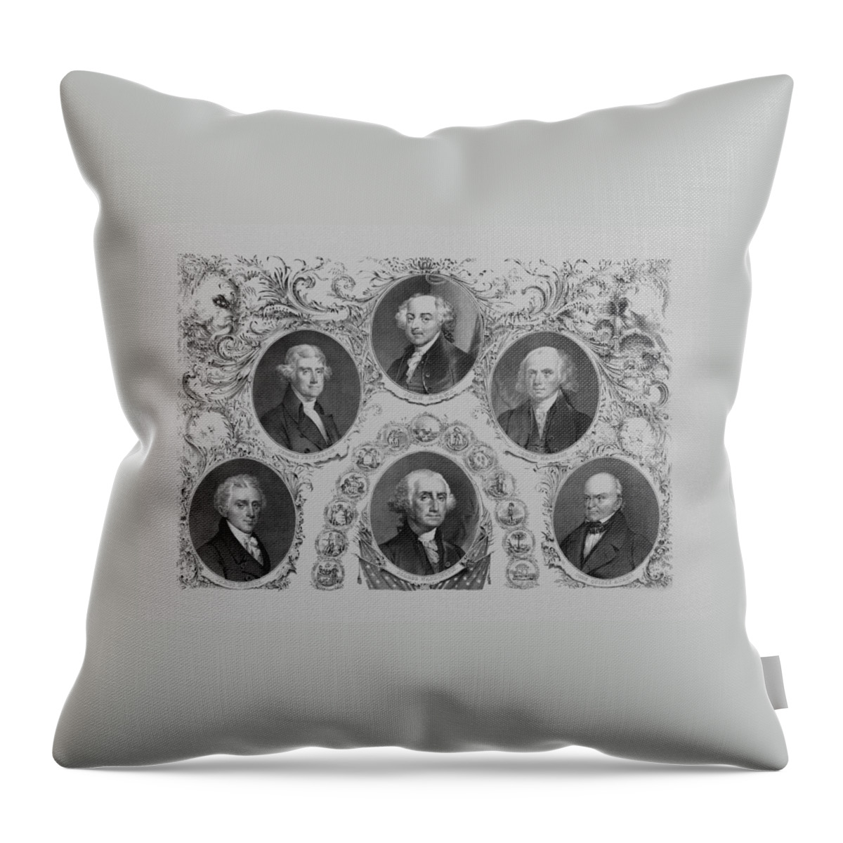 Us Presidents Throw Pillow featuring the drawing First Six U.S. Presidents by War Is Hell Store
