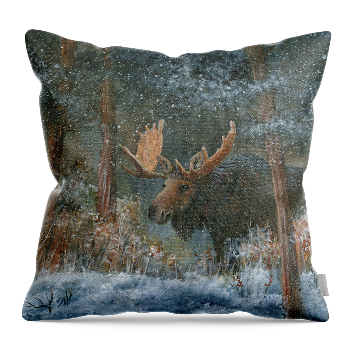 Moose Throw Pillow featuring the painting First Snow - Alaska by June Hunt