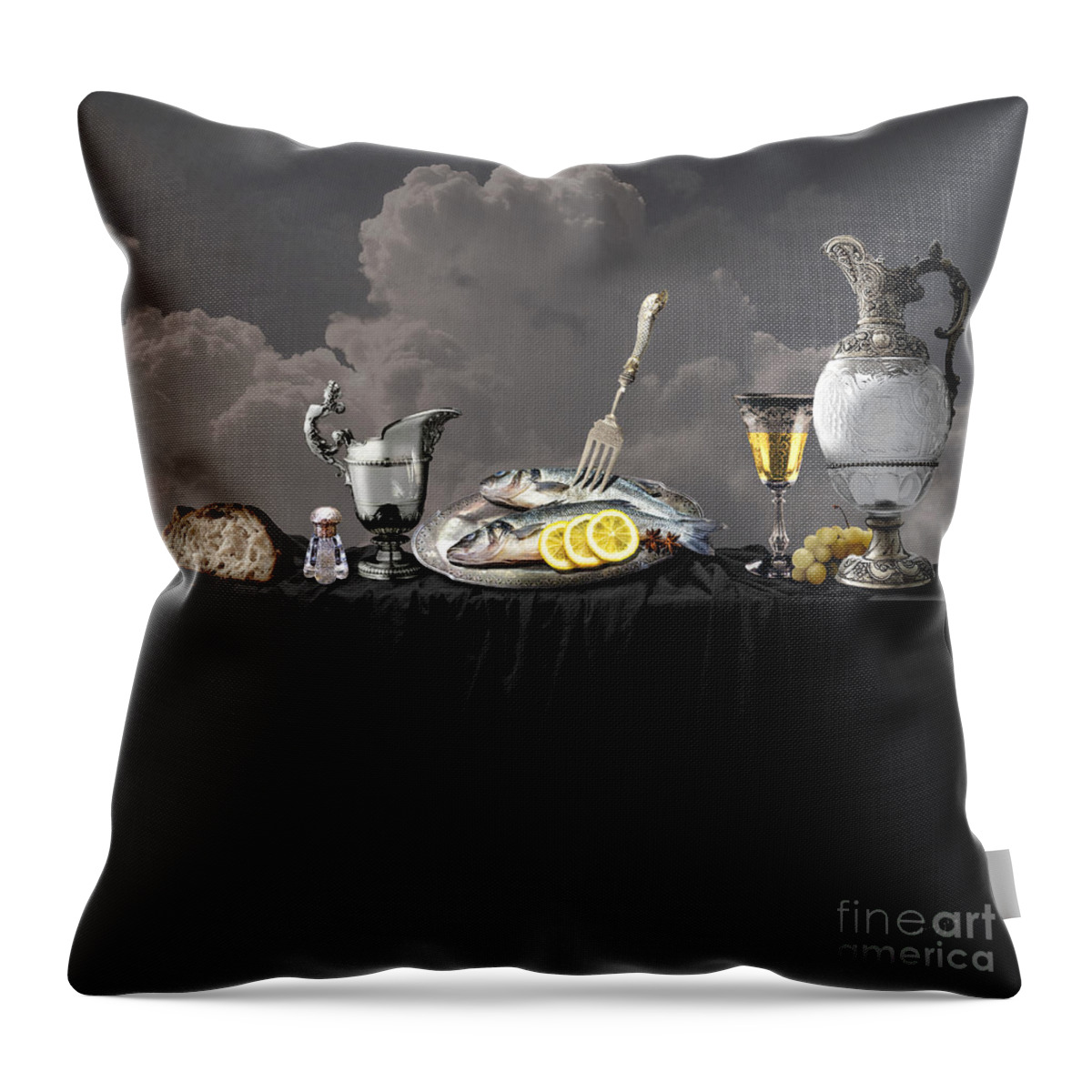 Realism Throw Pillow featuring the digital art Fish diner in silver by Alexa Szlavics