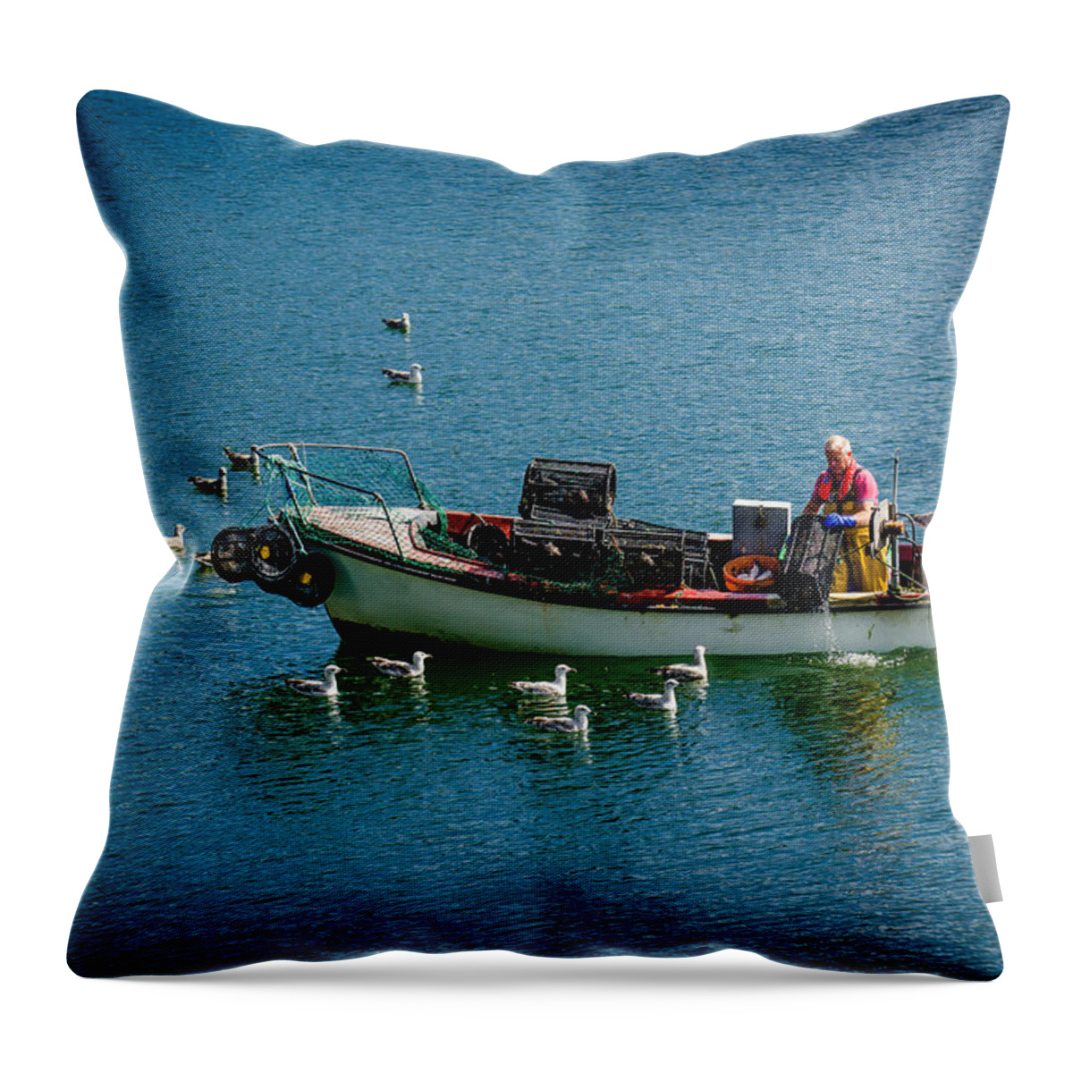 Boat Throw Pillow featuring the photograph Fisherman with Boat and Seagulls by Andreas Berthold