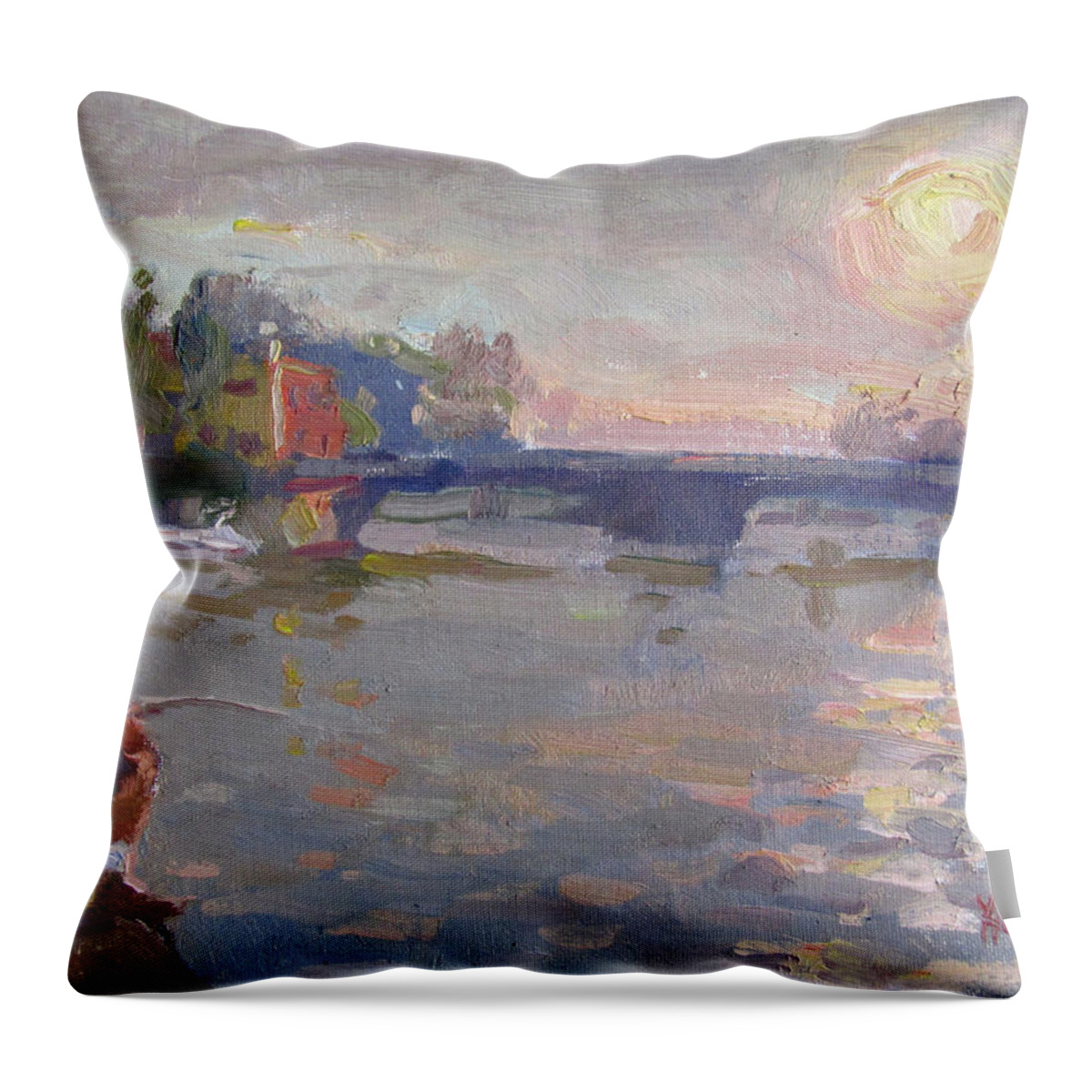 Fishing Throw Pillow featuring the painting Fishing at Sunset by Ylli Haruni