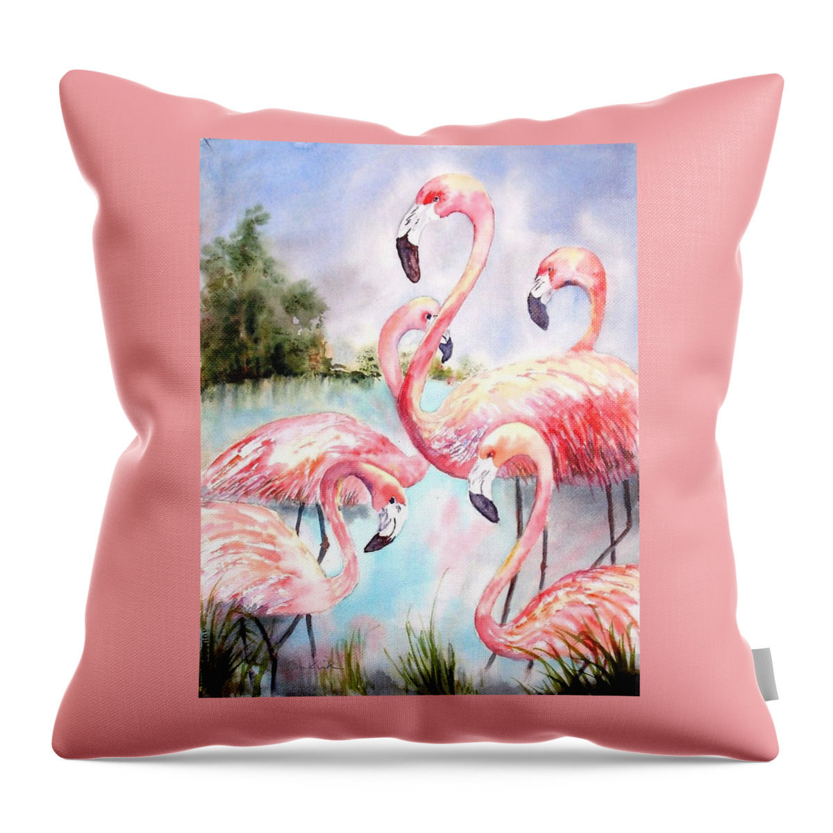 Birds Throw Pillow featuring the painting Five Flamingos by Diane Kirk