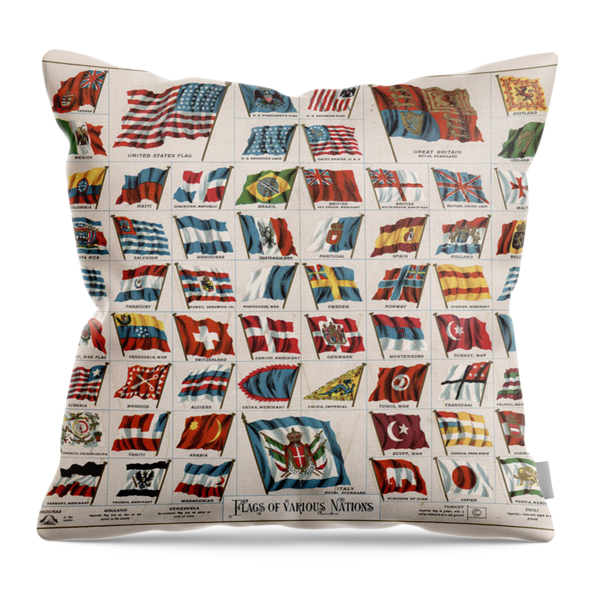 Flags Of Nations Throw Pillow featuring the drawing Flags of Various Nations - Antique maps - Historical Maps by Studio Grafiikka