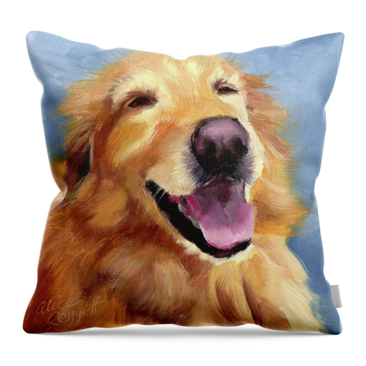 Golden Retriever Throw Pillow featuring the painting Fletcher Laughing by Alice Leggett