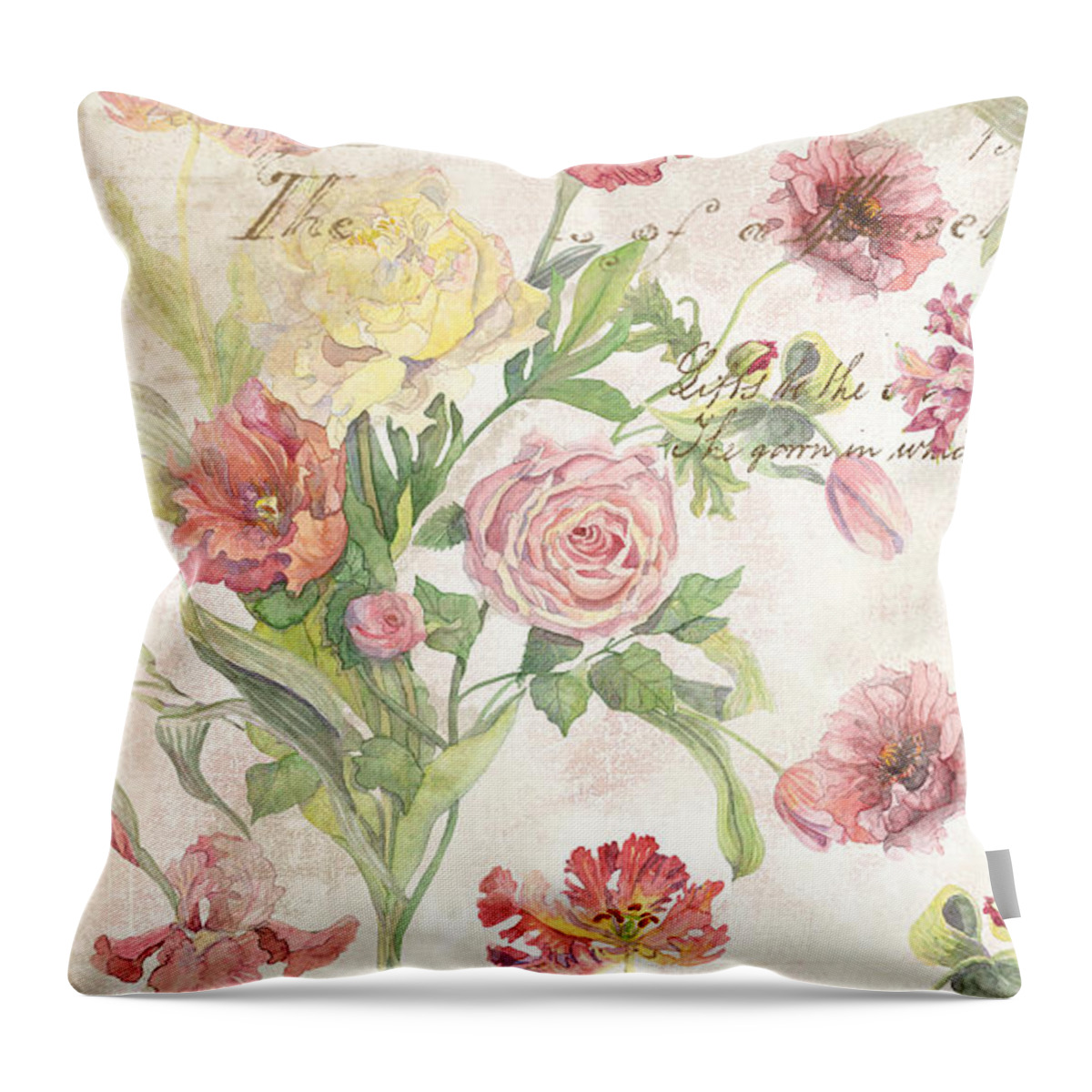 Peony Throw Pillow featuring the painting Fleurs de Pivoine - Watercolor in a French Vintage Wallpaper Style by Audrey Jeanne Roberts