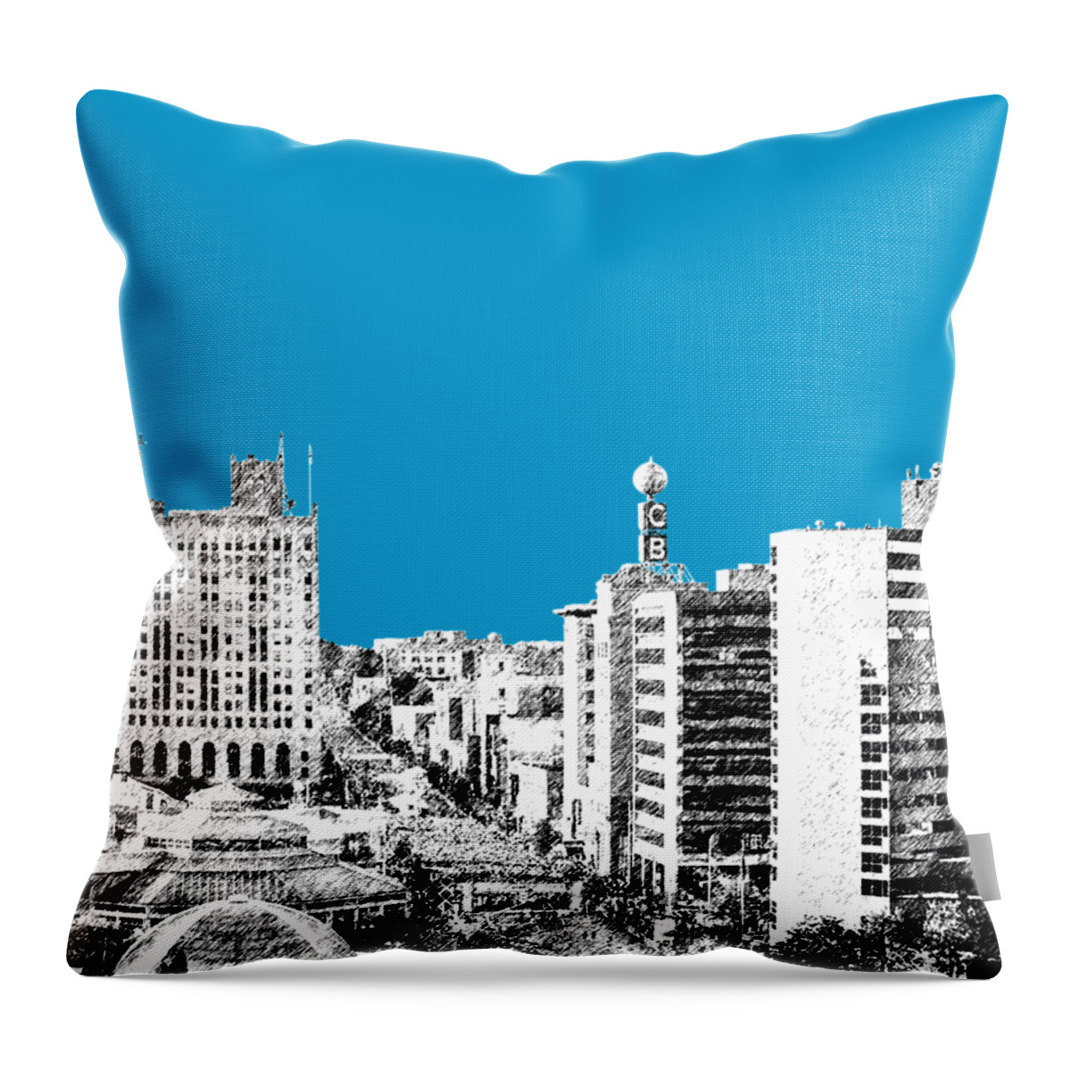 Architecture Throw Pillow featuring the digital art Flint Michigan Skyline - Aqua by DB Artist