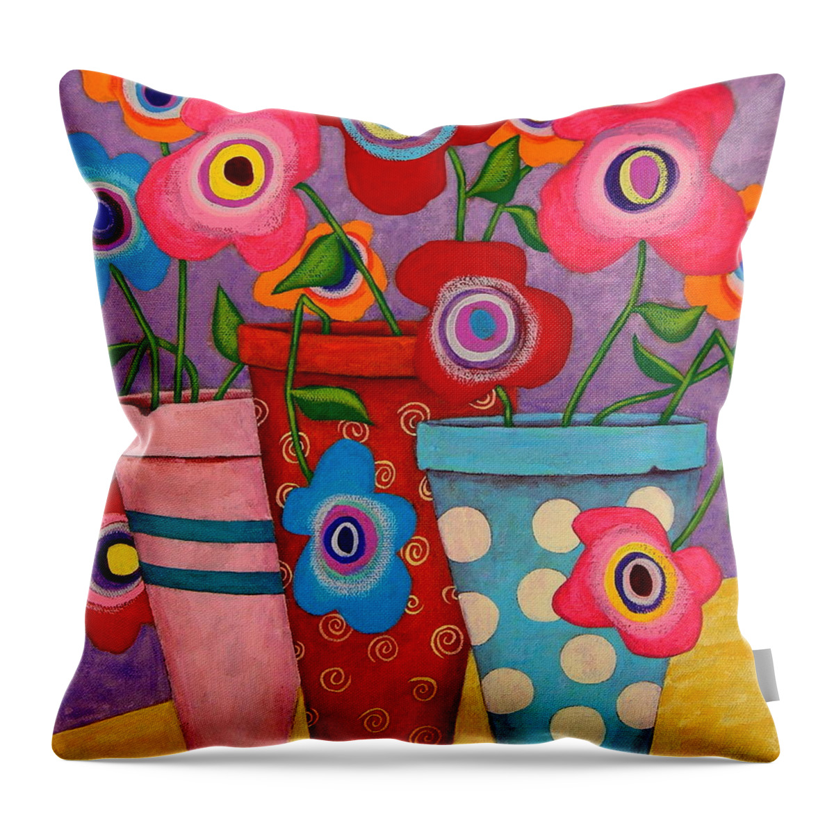 Modern Folk Art Flowers Throw Pillow featuring the painting Floral Happiness by John Blake