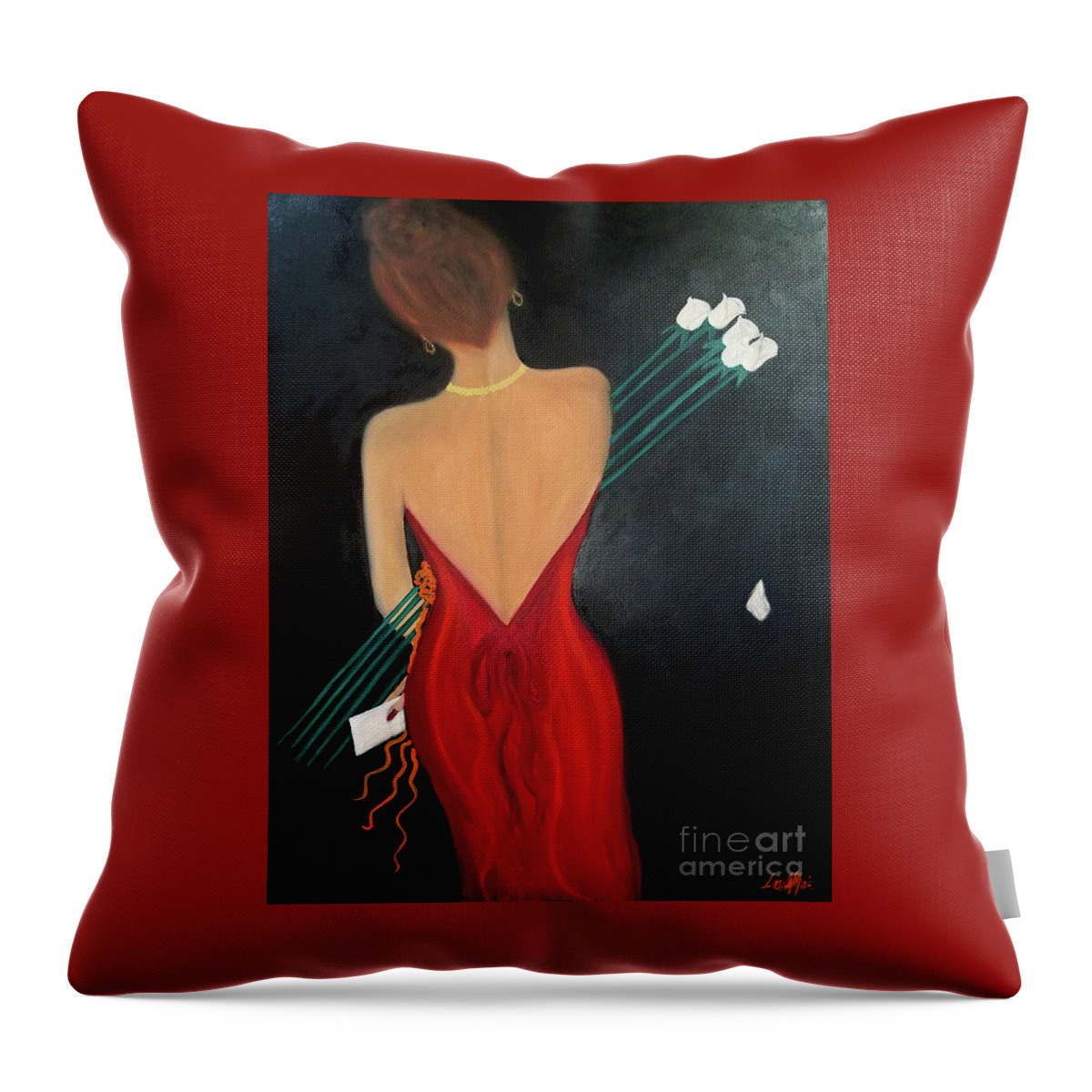 Lady In Red Throw Pillow featuring the painting Flowers From A Friend by Artist Linda Marie