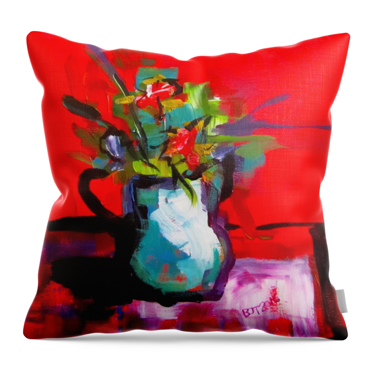 Red Throw Pillow featuring the painting Flowers in Blue Green Pitcher by Barbara O'Toole