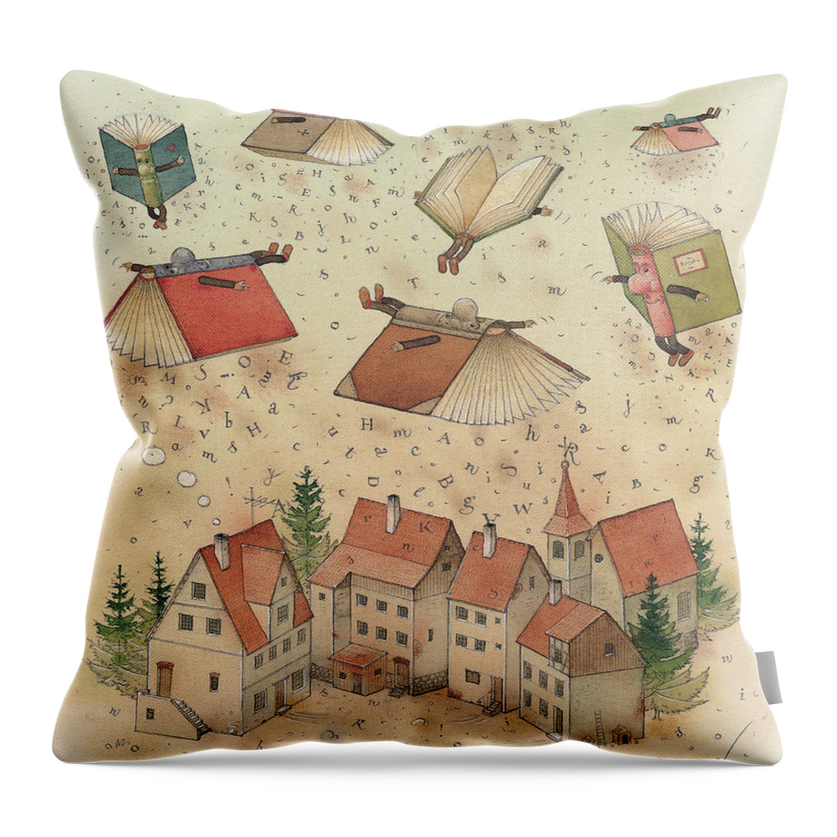 Books Town Flying Alphabet Throw Pillow featuring the painting Flying Books by Kestutis Kasparavicius