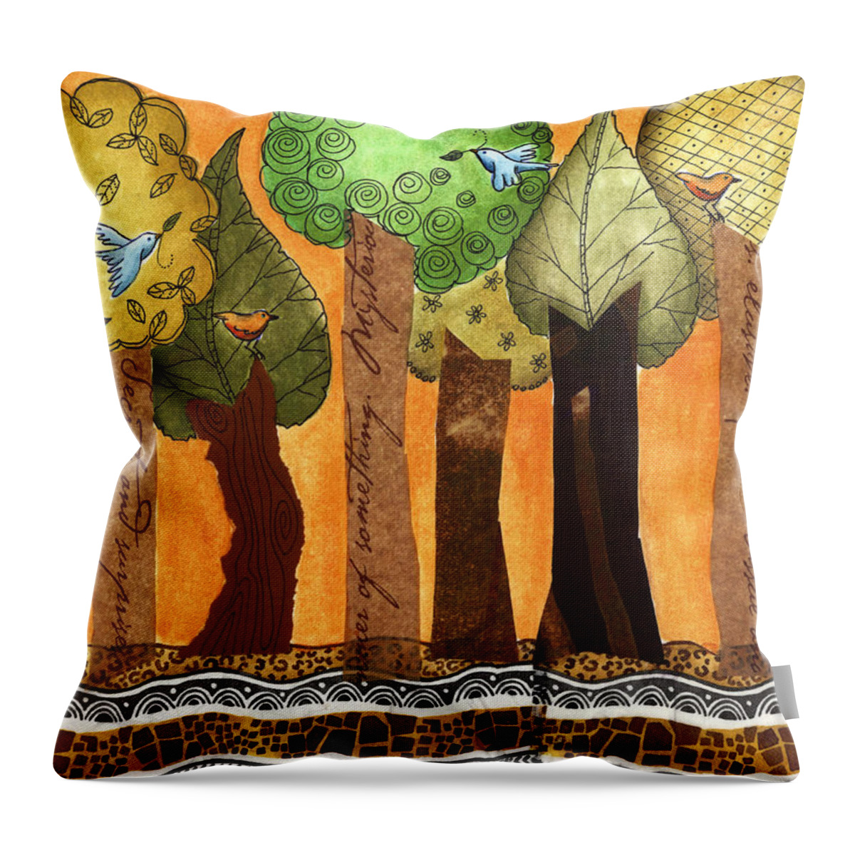 Trees Throw Pillow featuring the painting Flying in the forest by Graciela Bello