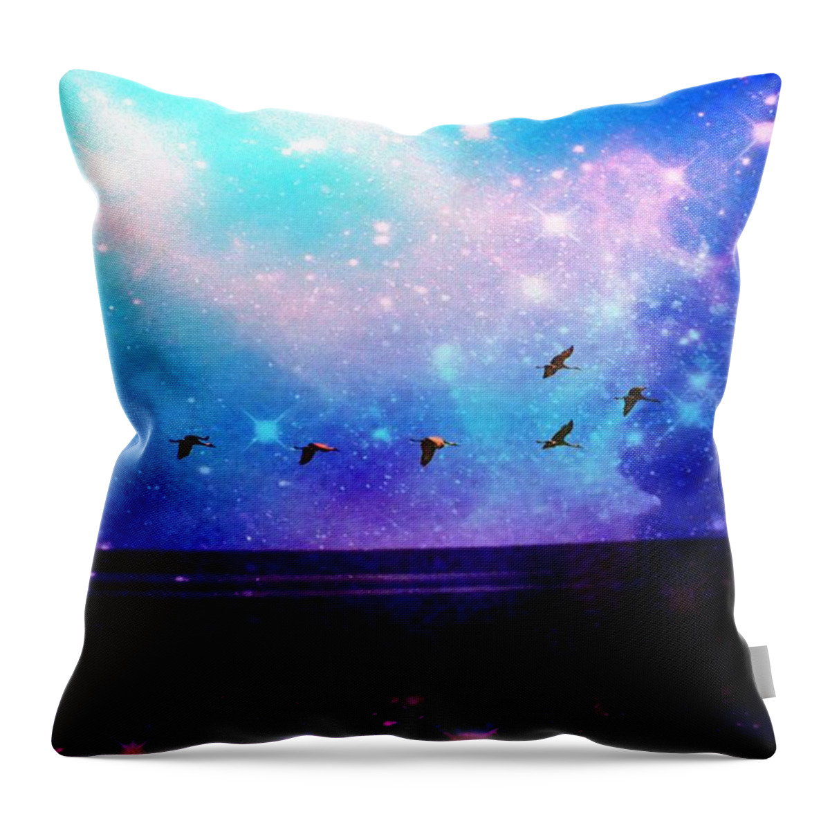 Abstract Throw Pillow featuring the mixed media Flying the Galaxy by Stacie Siemsen