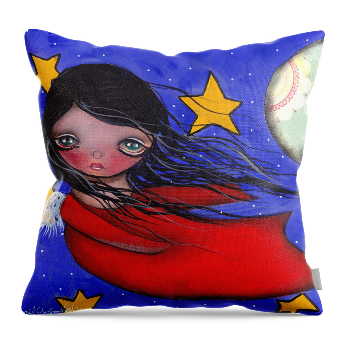 Angel Throw Pillow featuring the painting Flying with the Moon by Abril Andrade