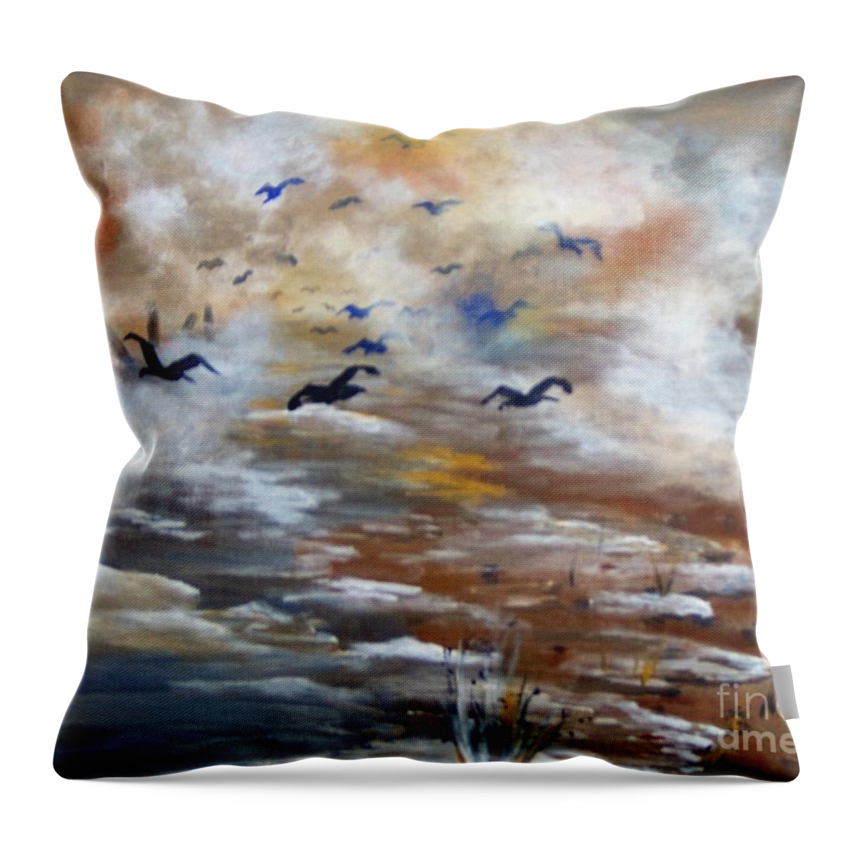 Birds Throw Pillow featuring the painting Foggy Beach by Saundra Johnson