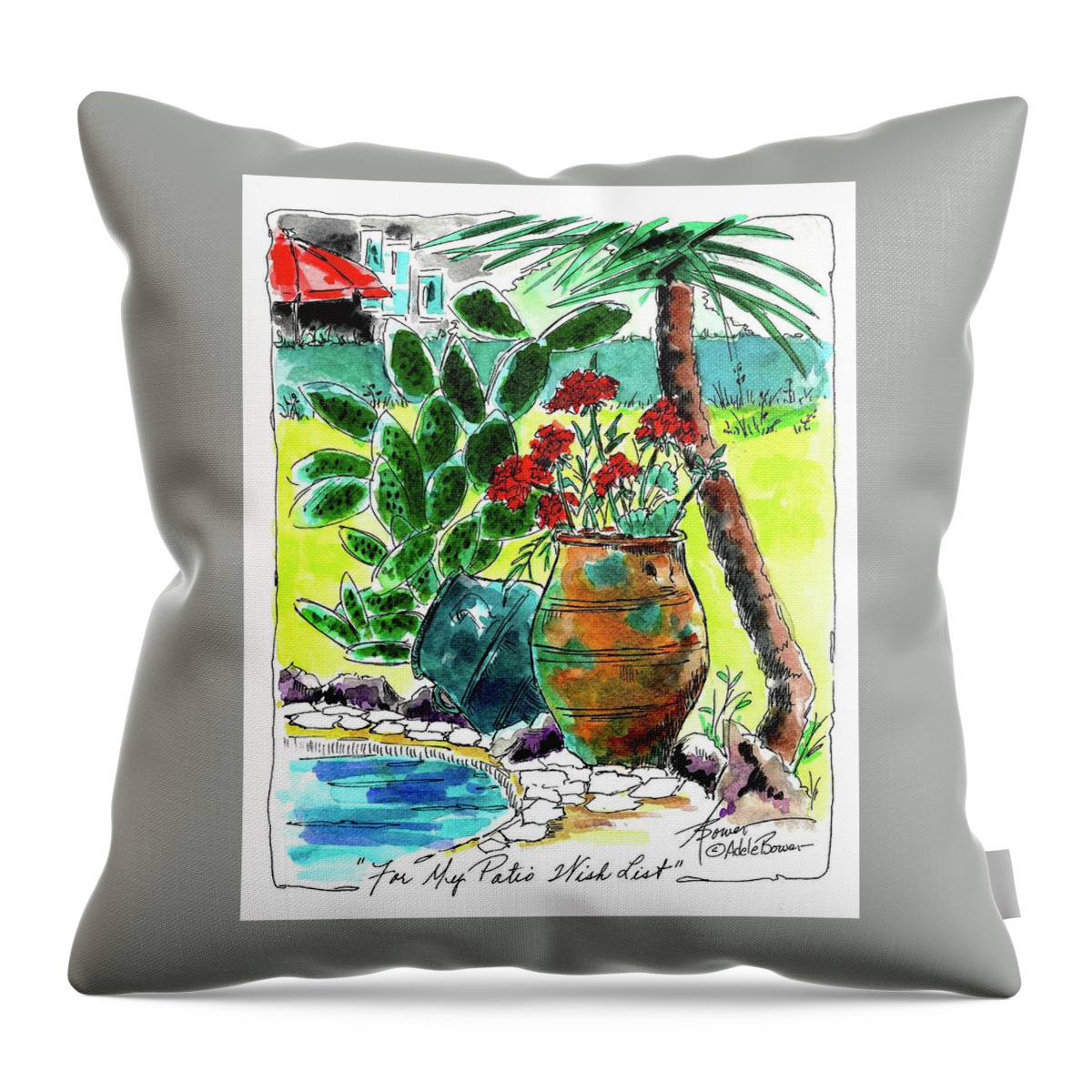 Cactus Throw Pillow featuring the painting For My Patio Wish List by Adele Bower