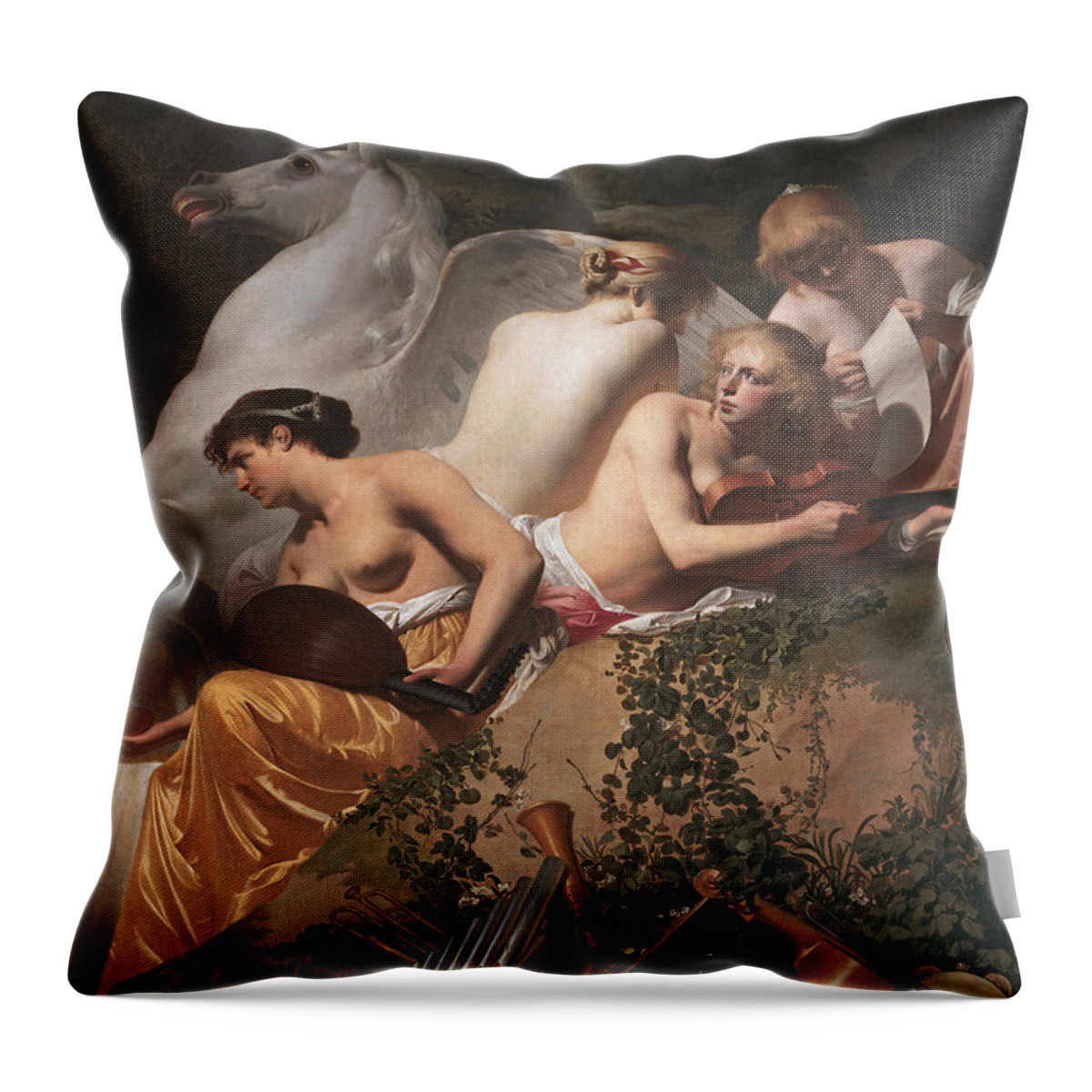 Caesar Van Everdingen Throw Pillow featuring the painting Four Muses and Pegasus by Caesar van Everdingen