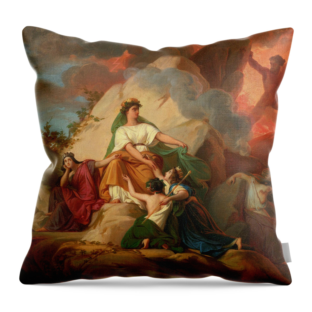 Francois-edouard Picot Throw Pillow featuring the painting Cybele opposing Vesuvius to protect the Cities of Stabia Herculaneum Pompeii by Francois-Edouard Picot