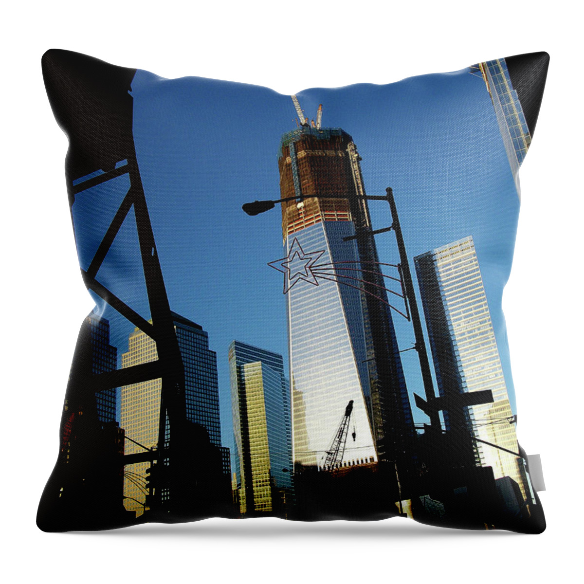Freedom Tower Throw Pillow featuring the photograph Freedom Tower Under Construction in NYC by Linda Stern