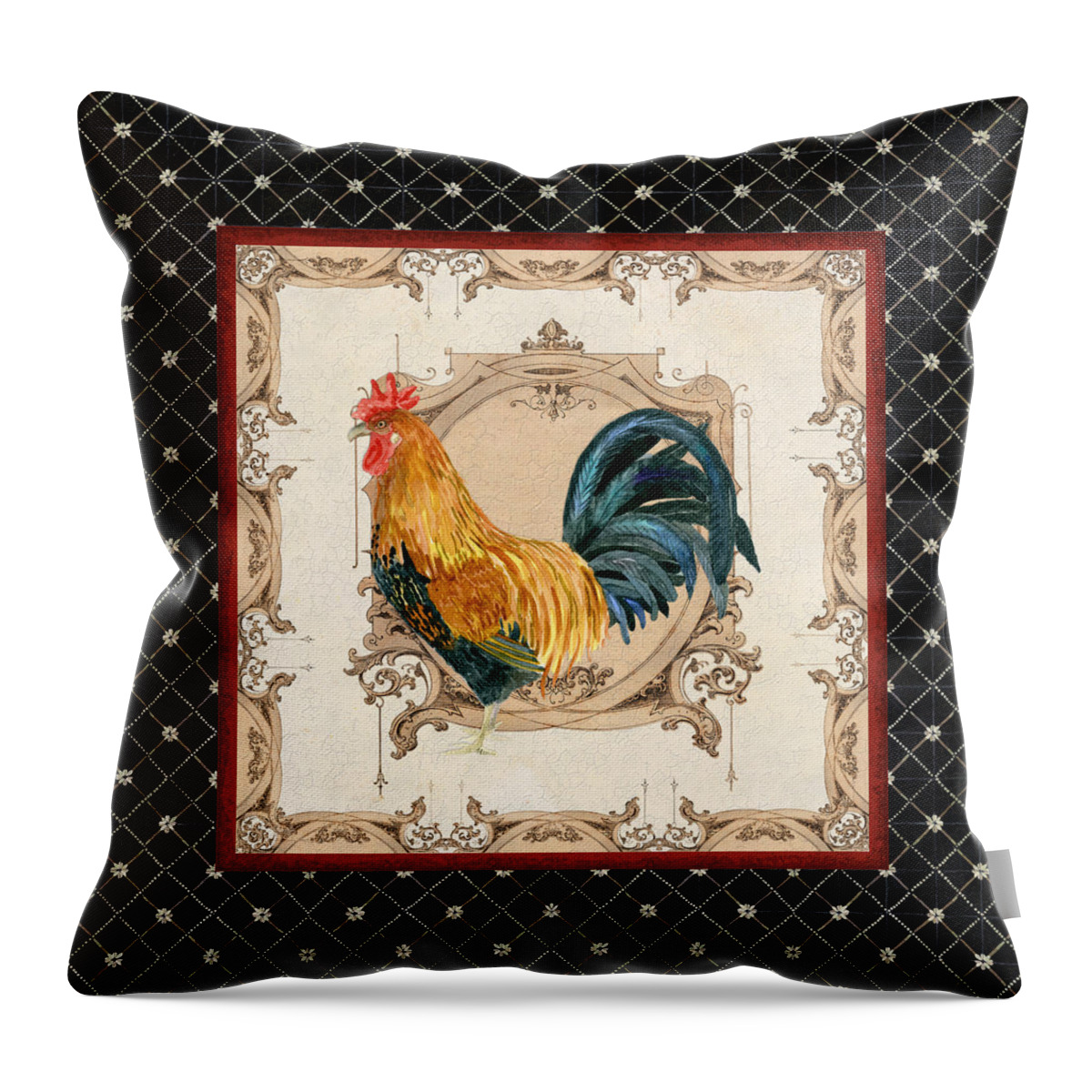 Etched Throw Pillow featuring the painting French Country Roosters Quartet 4 by Audrey Jeanne Roberts