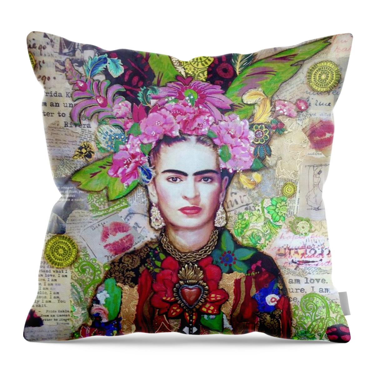 Frida Kahlo Throw Pillow featuring the mixed media Frida Kahlo by Carrie Eckert