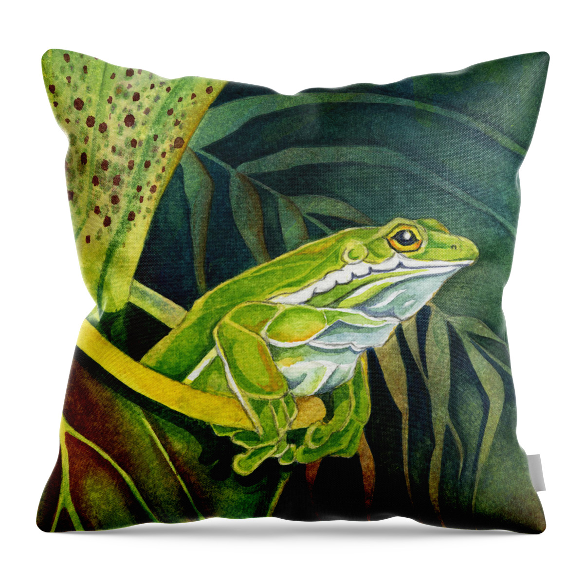  Throw Pillow featuring the painting Frog In Pitcher Plant by Lyse Anthony