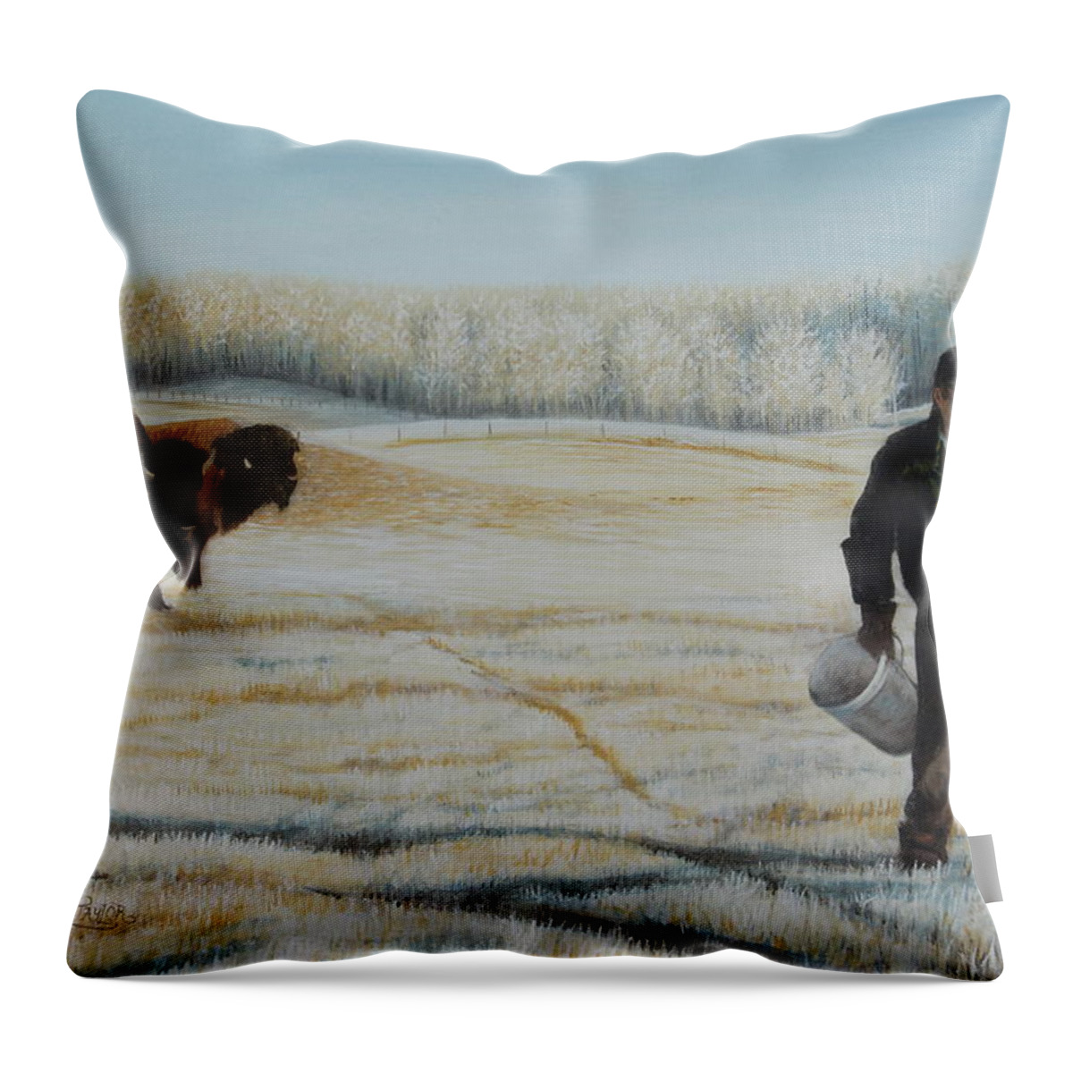 Buffalo Throw Pillow featuring the painting Frosty Feeding by Tammy Taylor