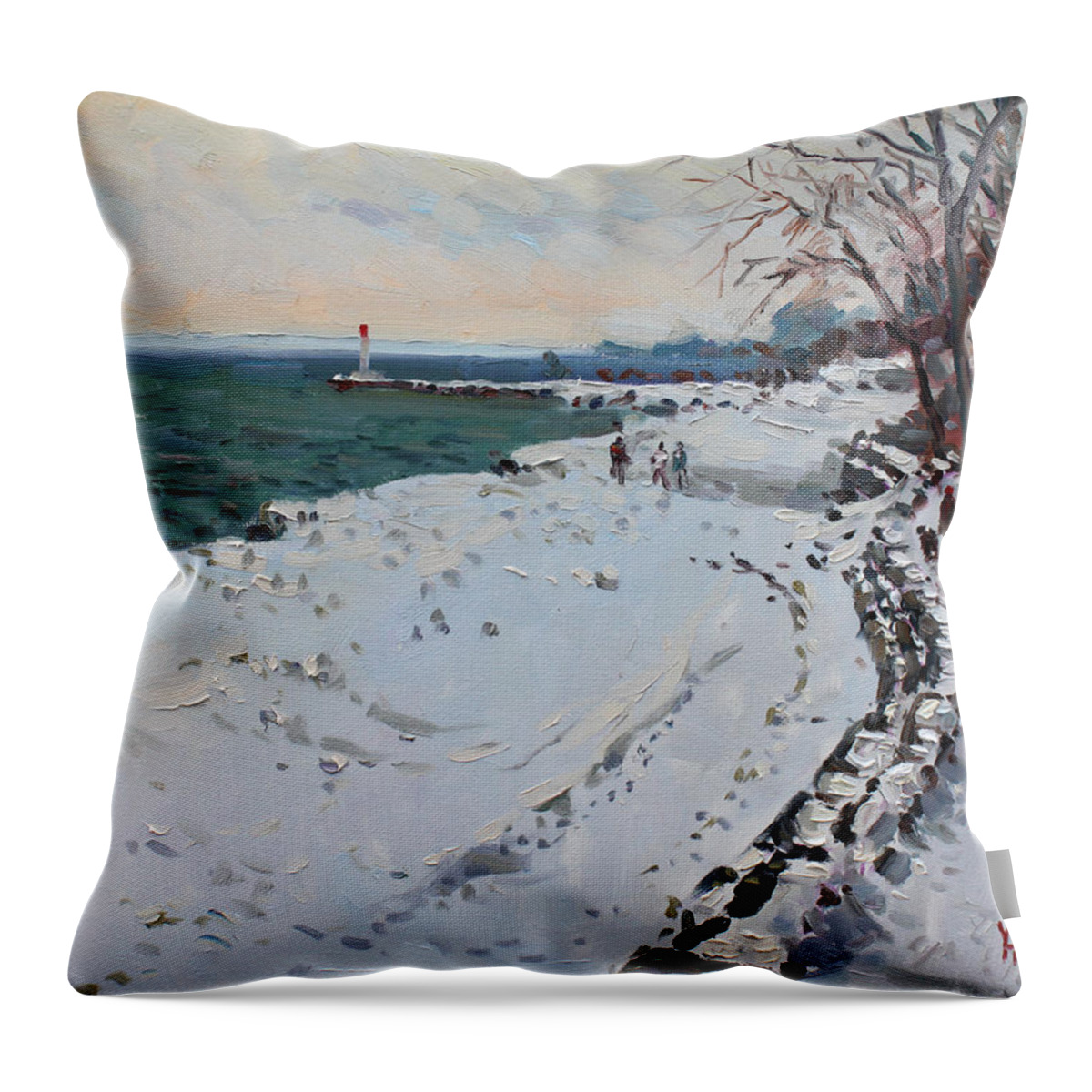 Frozen Shore In Oakville Throw Pillow featuring the painting Frozen Shore in Oakville ON by Ylli Haruni