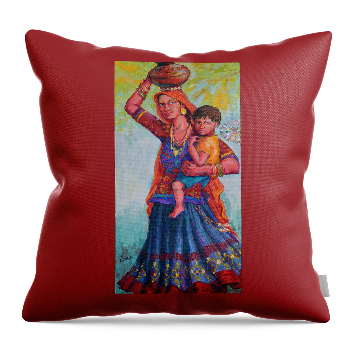Tribal Woman Throw Pillow featuring the painting Fun Ride, Kutch by Jyotika Shroff