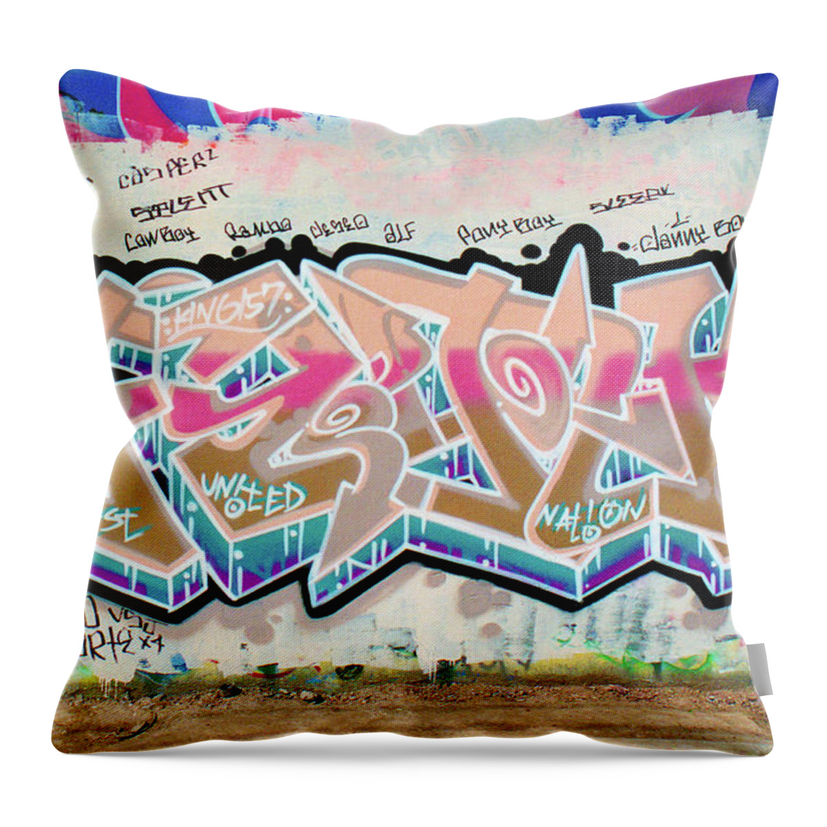 Funk Throw Pillow featuring the photograph FUNK, FIRST UNITED NATION KINGS, Graffiti Art by King 157, North 11th Street, San Jose, California by Kathy Anselmo
