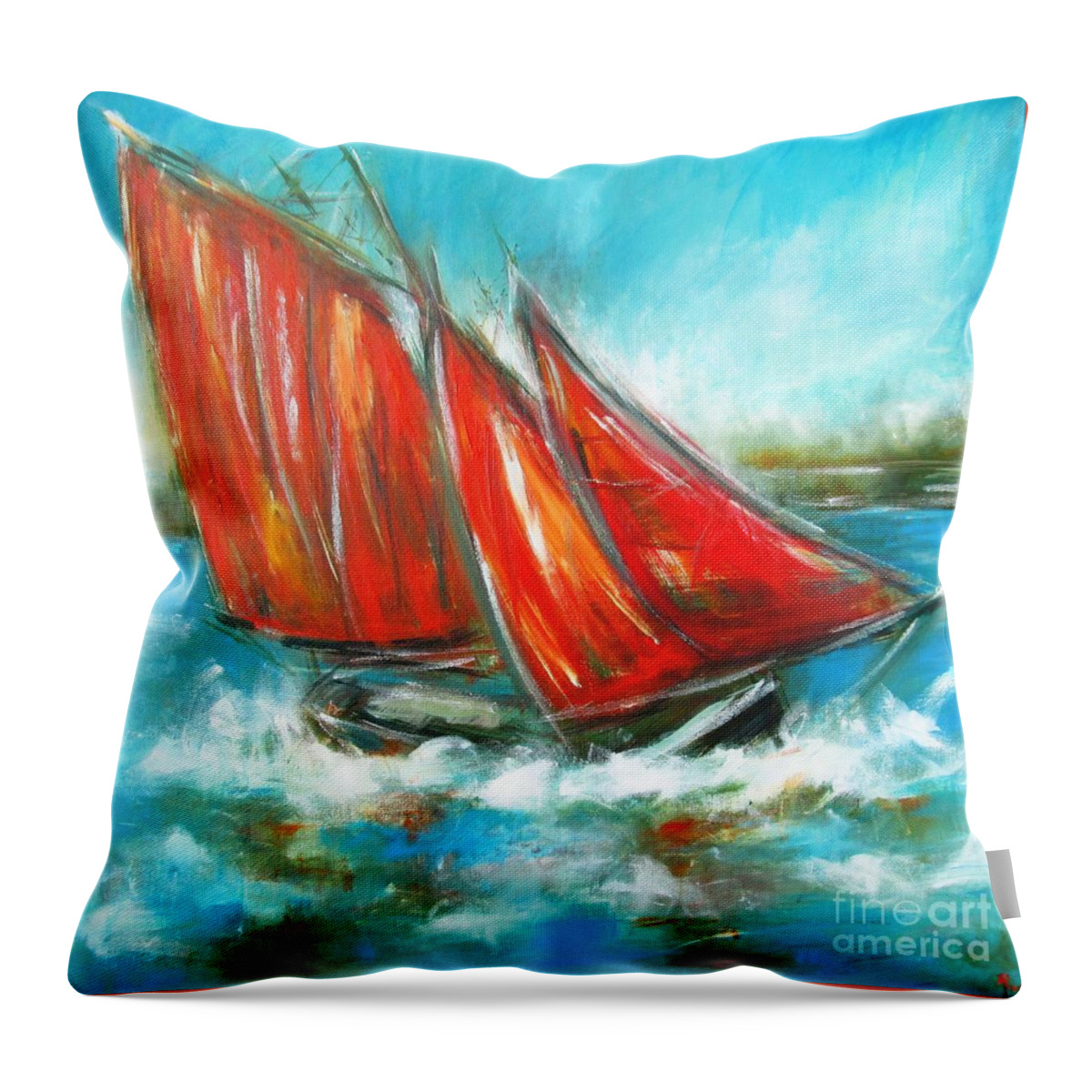 Galway Hooker Throw Pillow featuring the painting Paintings of Galway hooker on galway bay - see www.pxi-art.com by Mary Cahalan Lee - aka PIXI