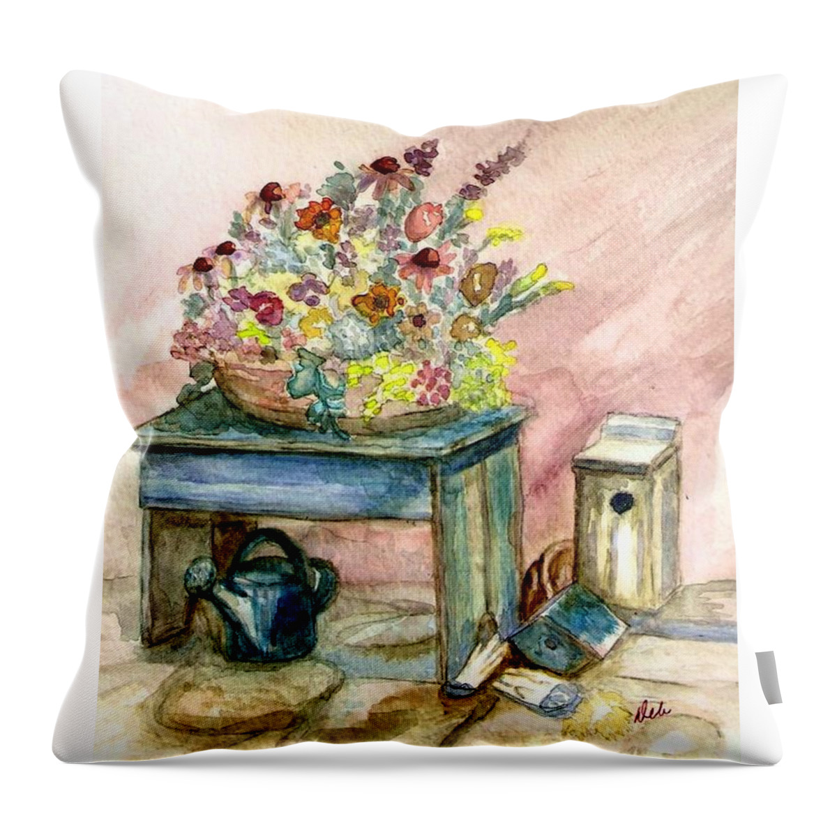 Gardening Throw Pillow featuring the painting Garden Bench by Deb Stroh-Larson