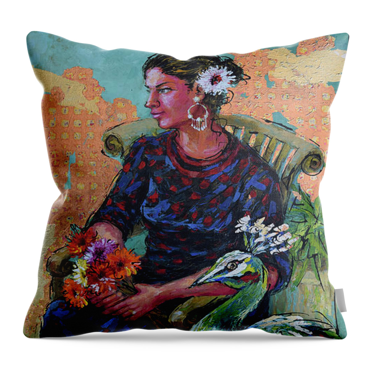 Woman Sitting In Garden Throw Pillow featuring the painting Garden Bliss by Jyotika Shroff