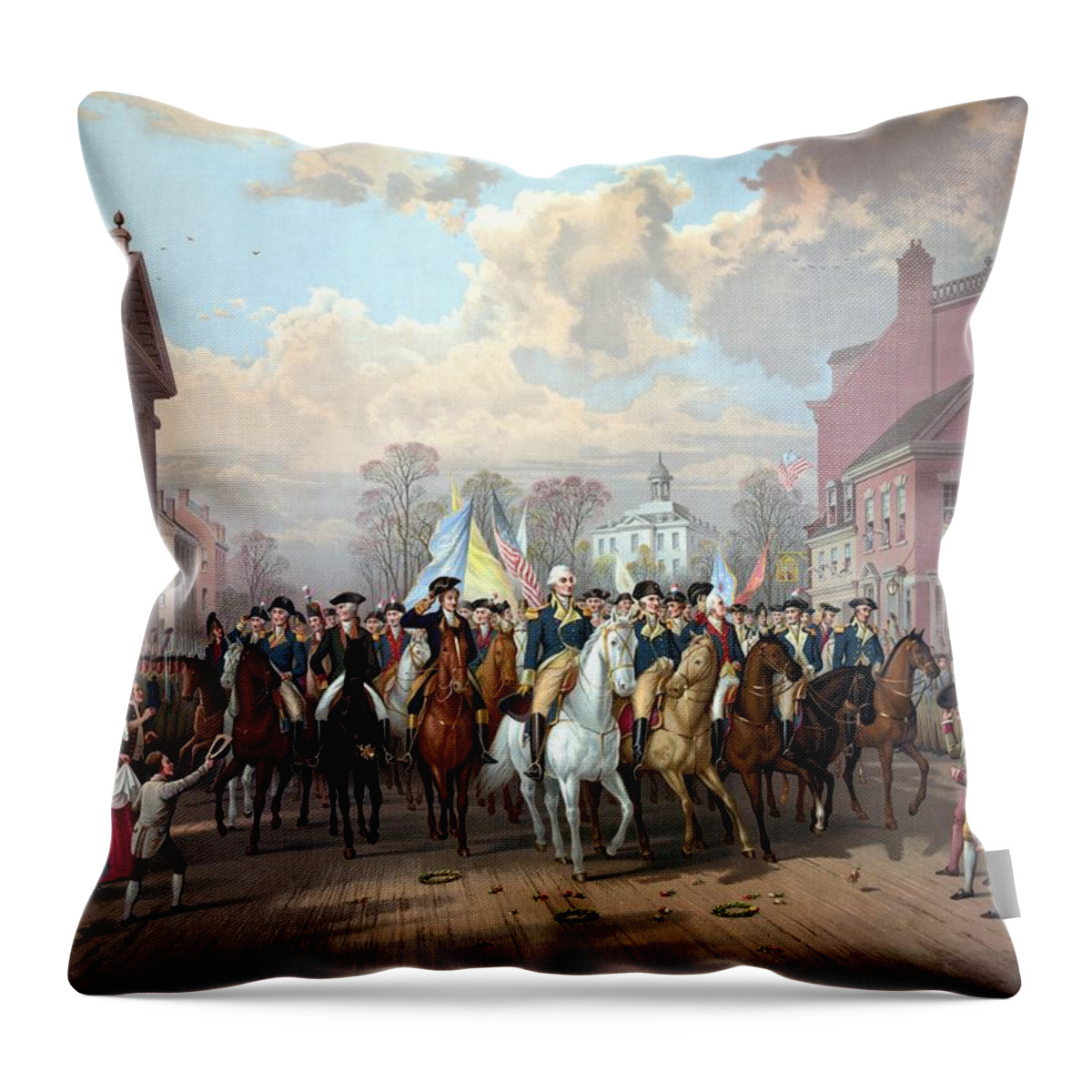 George Washington Throw Pillow featuring the painting General Washington Enters New York by War Is Hell Store