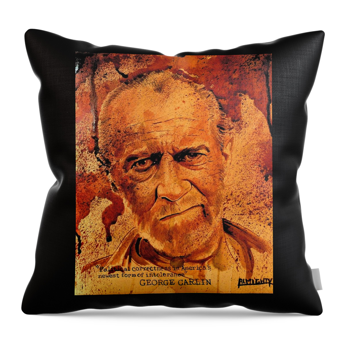 Ryan Almighty Throw Pillow featuring the painting GEORGE CARLIN fresh blood by Ryan Almighty