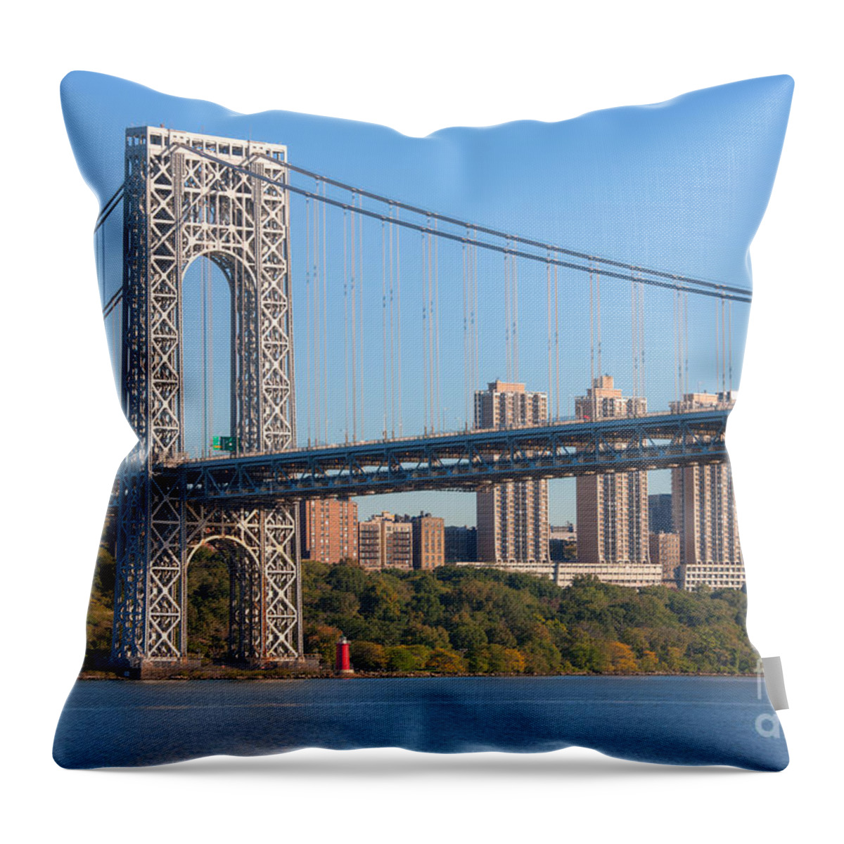 Clarence Holmes Throw Pillow featuring the photograph George Washington Bridge and Lighthouse II by Clarence Holmes