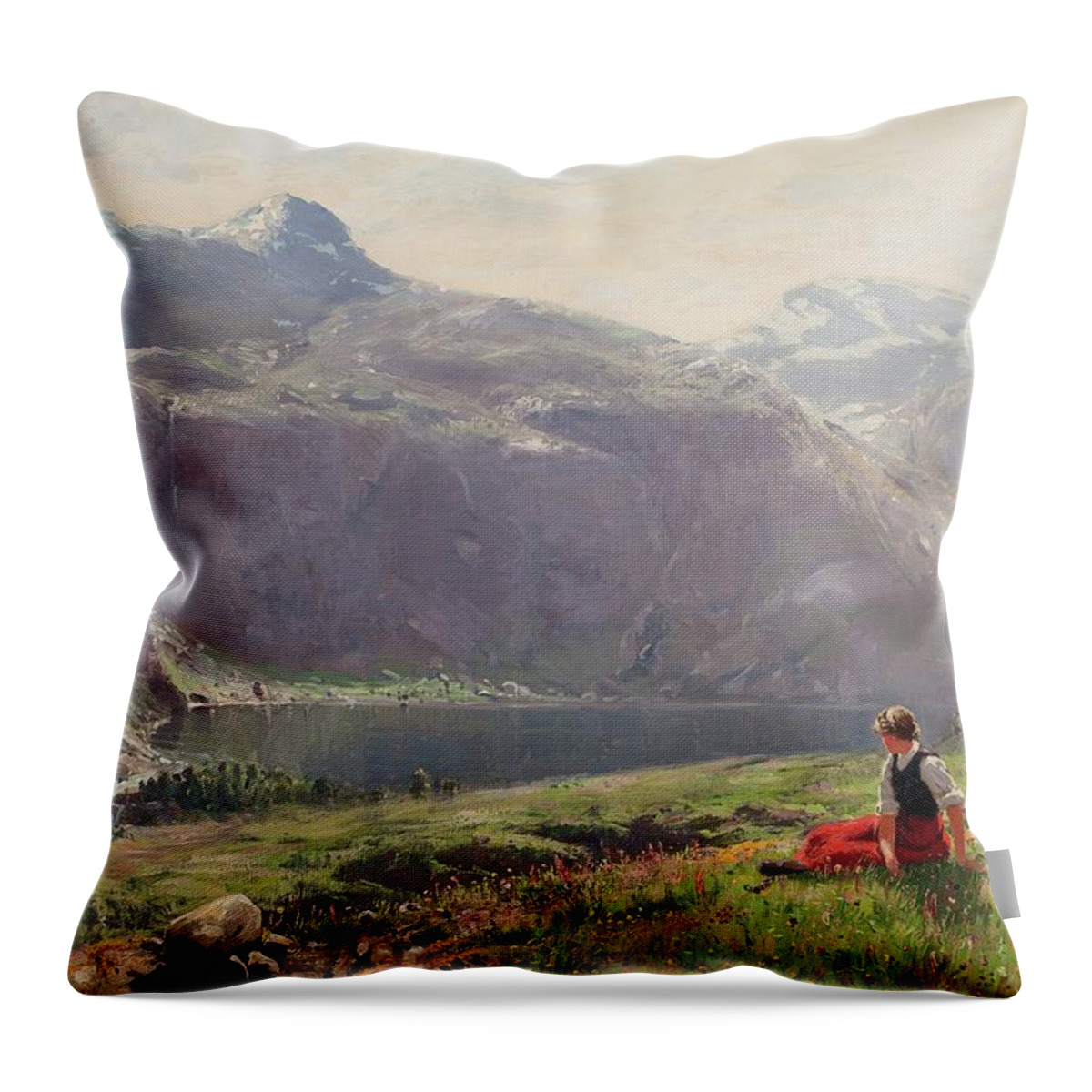 Hans Andreas Dahl Throw Pillow featuring the painting Girl in the fjords by Hans Andreas Dahl